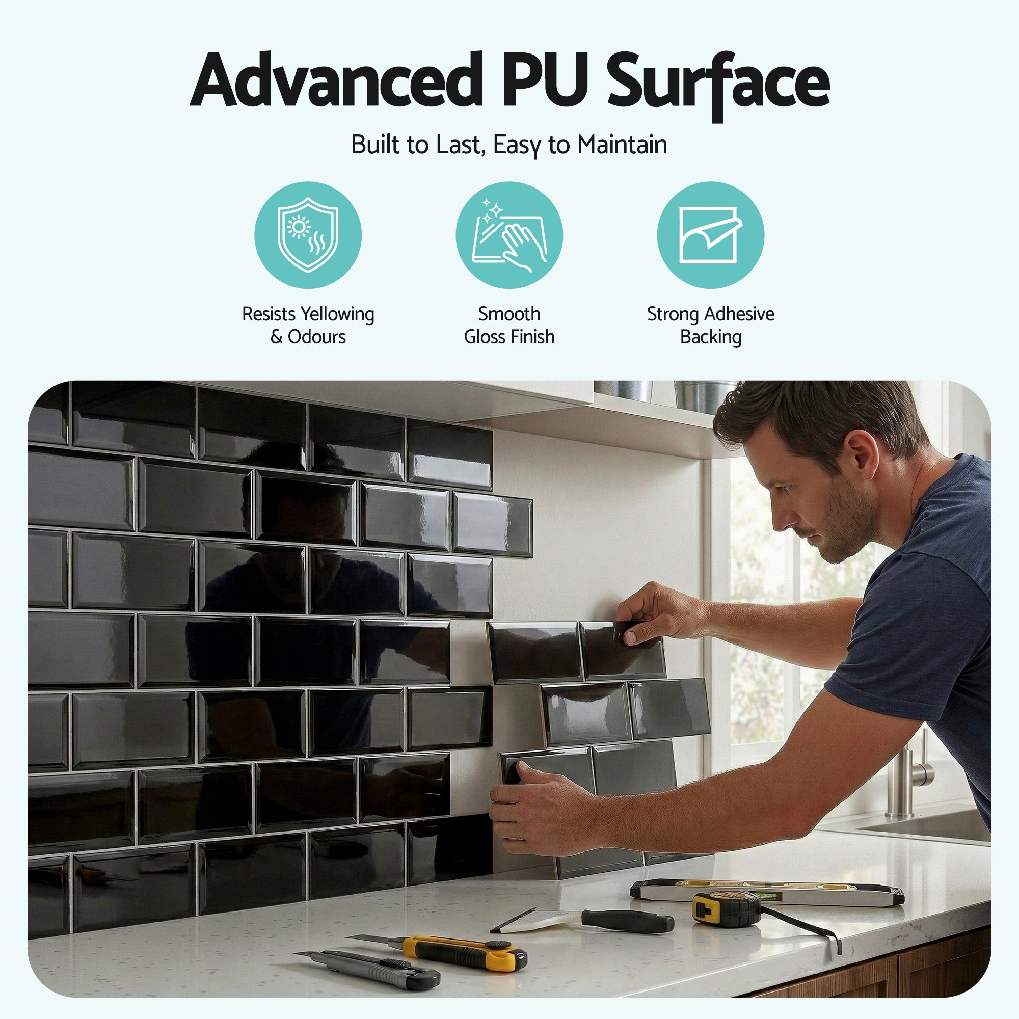 Artiss 3D Peel and Stick Wall Tiles Self Adhesive Subway Backsplash 10 Sheets, Black - Image 5