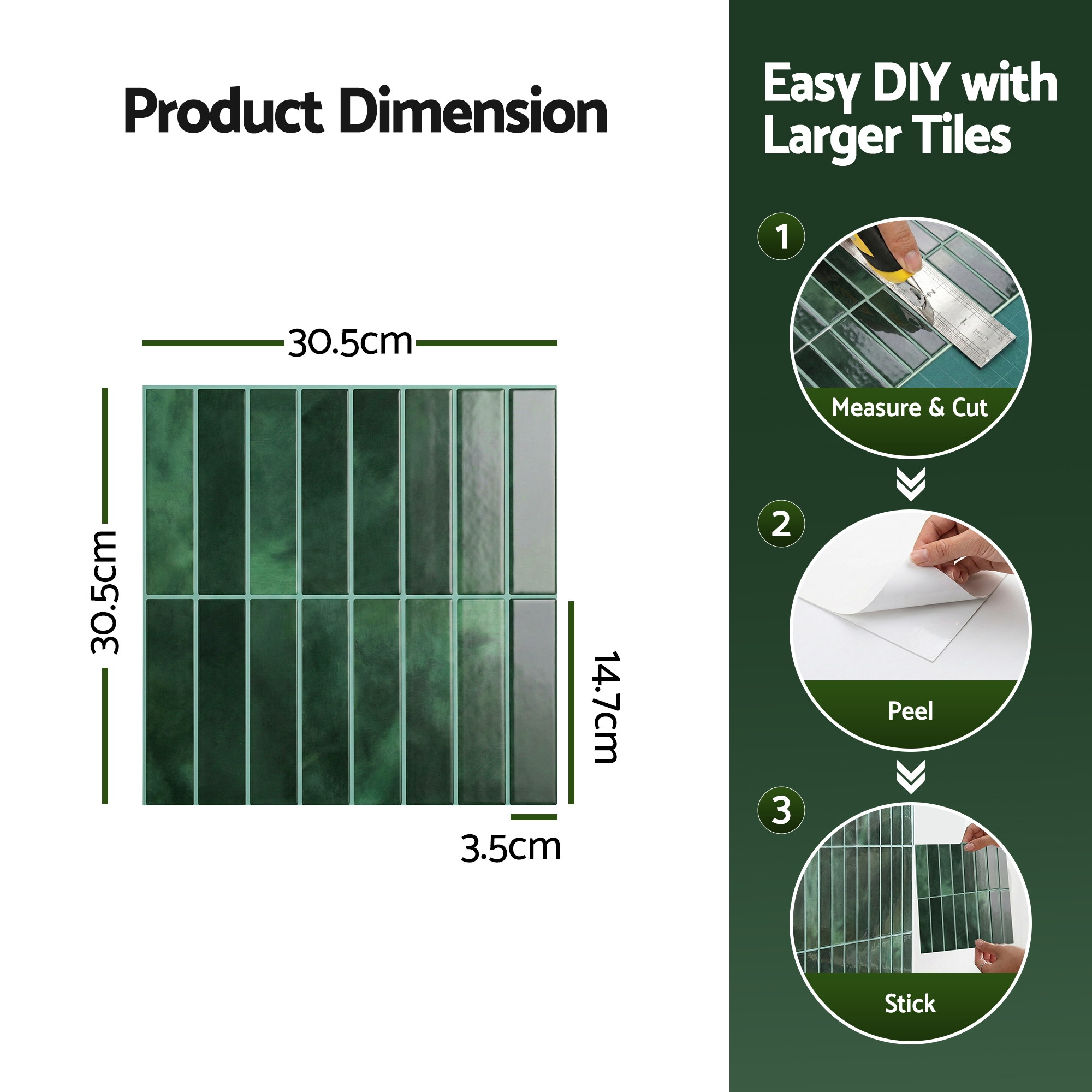 Artiss 3D Peel and Stick Wall Tiles Self Adhesive LinearGrid Backsplash 10 Sheets, Green - Image 2
