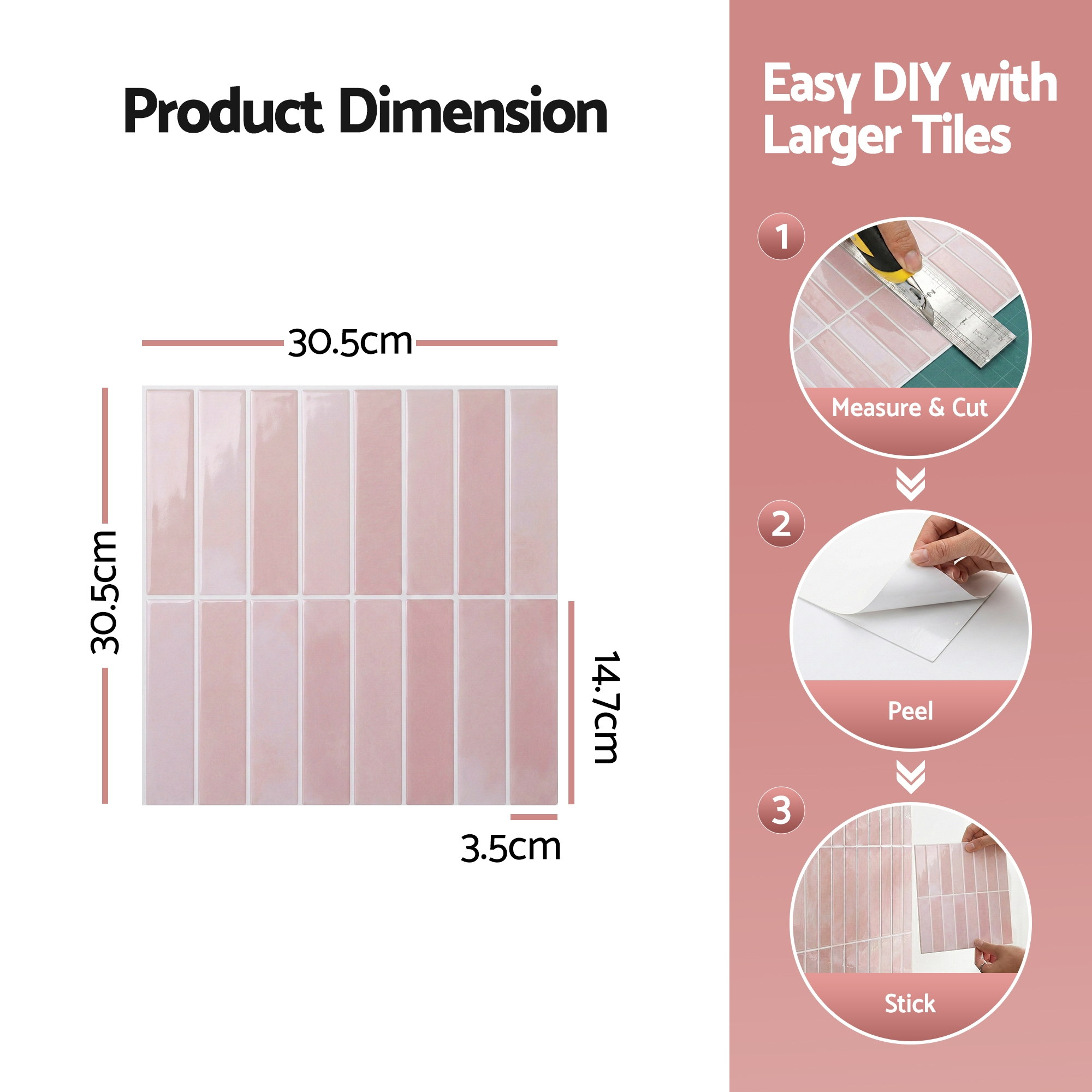 Artiss 3D Peel and Stick Wall Tiles Self Adhesive LinearGrid Backsplash 10 Sheets, Pink - Image 2