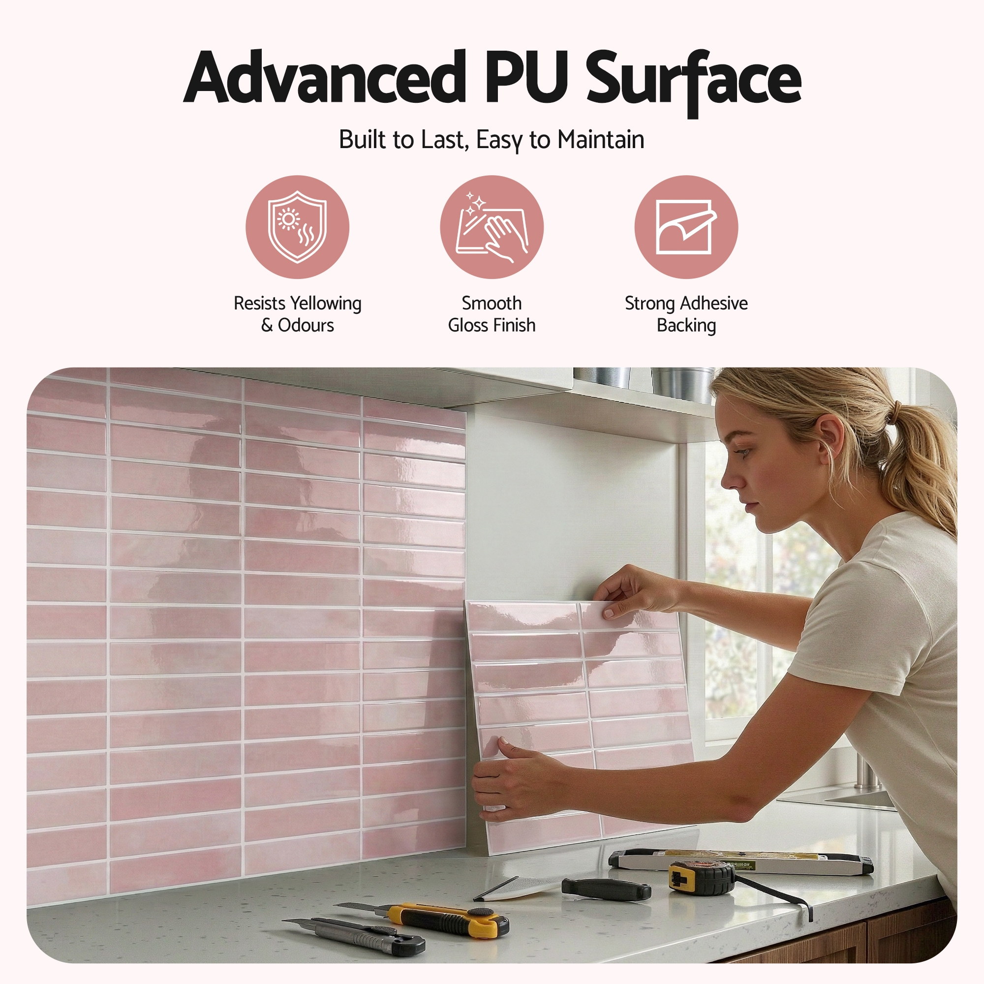Artiss 3D Peel and Stick Wall Tiles Self Adhesive LinearGrid Backsplash 10 Sheets, Pink - Image 4