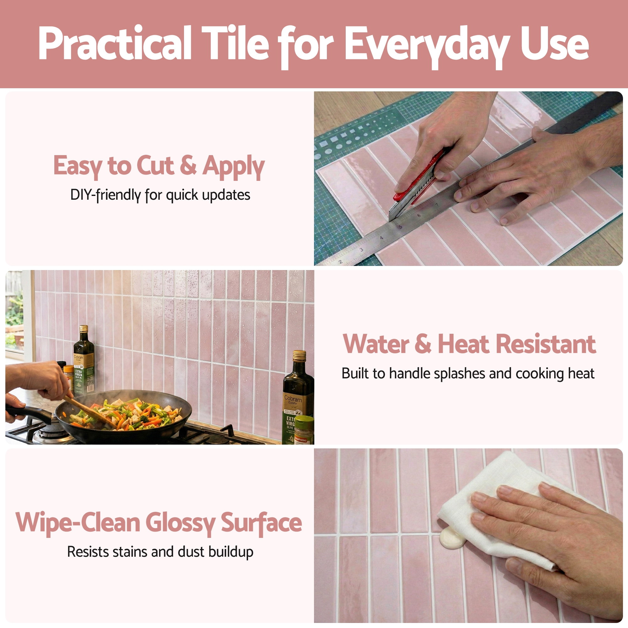 Artiss 3D Peel and Stick Wall Tiles Self Adhesive LinearGrid Backsplash 10 Sheets, Pink - Image 6