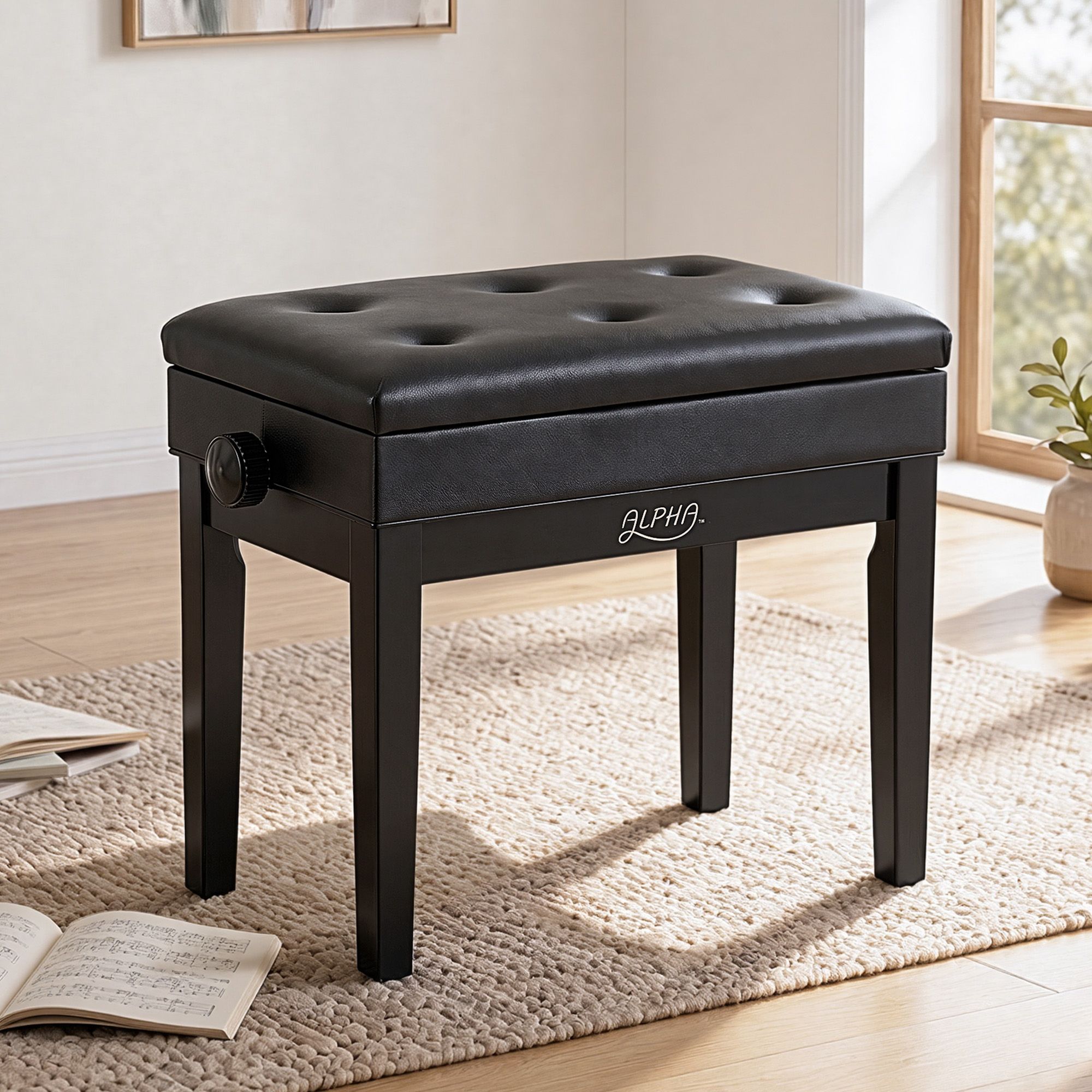 Alpha Adjustable Piano Bench Wooden Keyboard Seat Padded Music Chair Black - Image 8