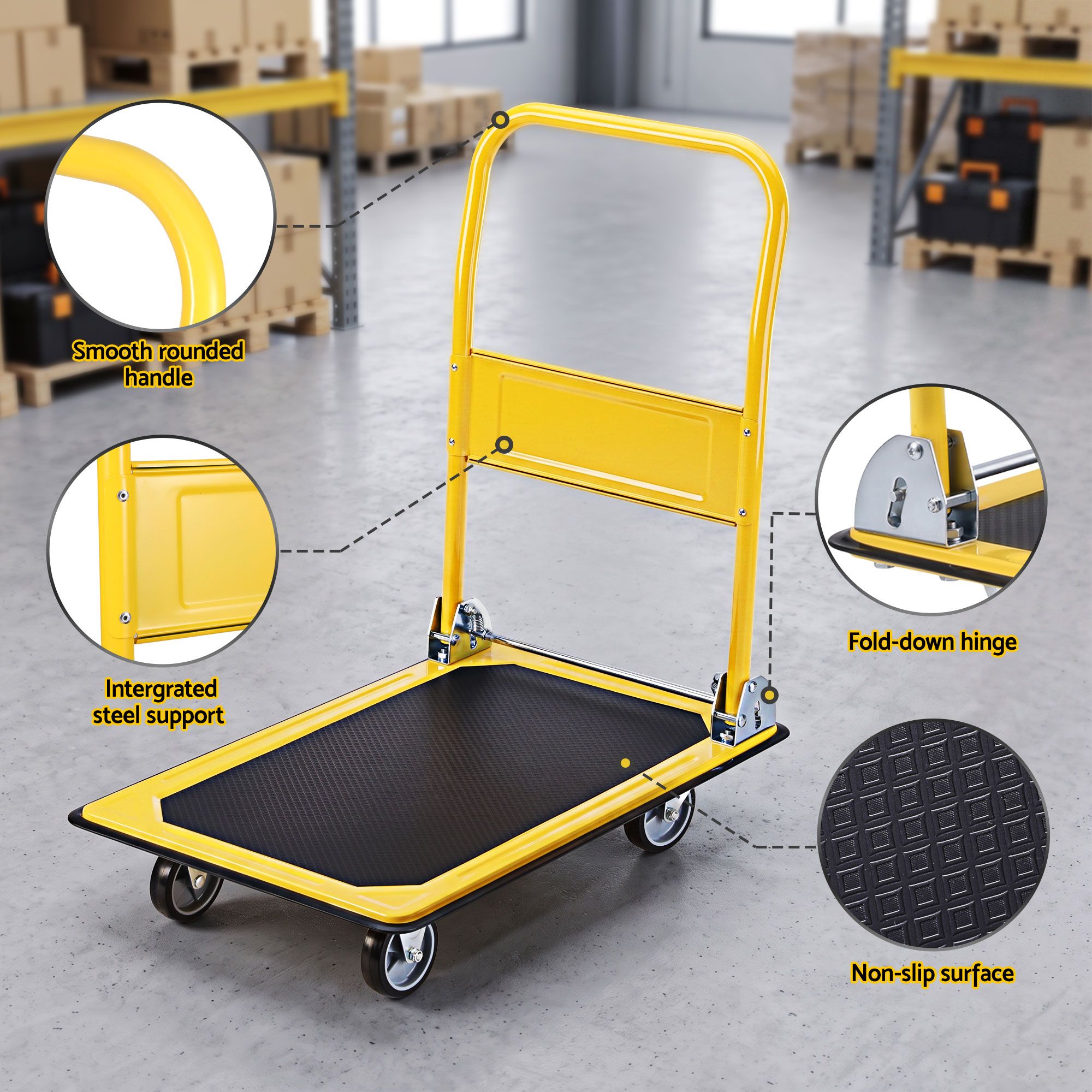 Giantz Platform Trolley Hand Truck Folding Platform Cart 150kg Load Yellow - Image 8