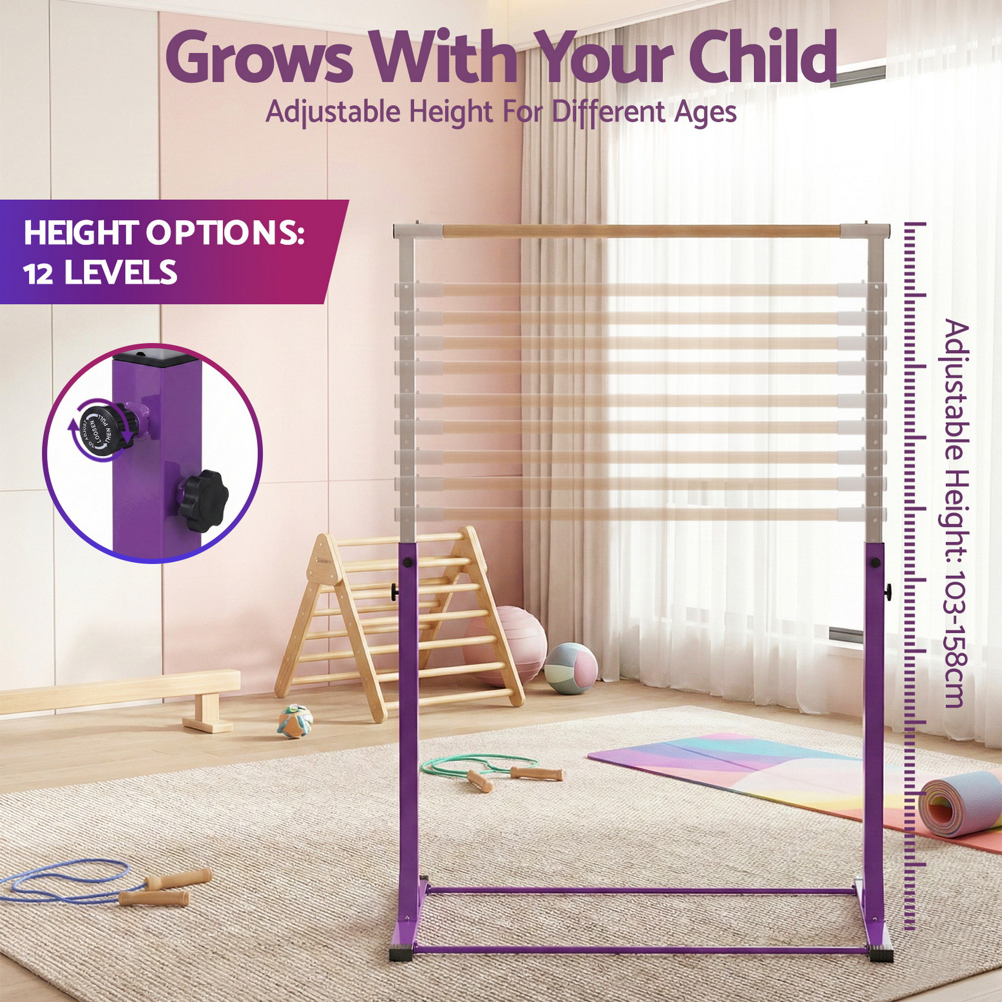 Everfit Kids Gymnastics Bar Pull Up Station Monkey Bar Adjustable Indoor Garden - Image 8