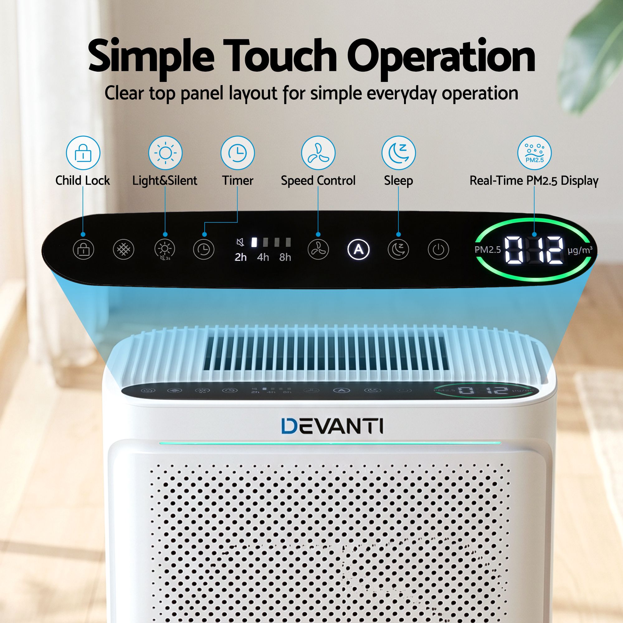 Devanti Air Purifier HEPA Air Cleaner Digital Display Bedroom White - Image 6