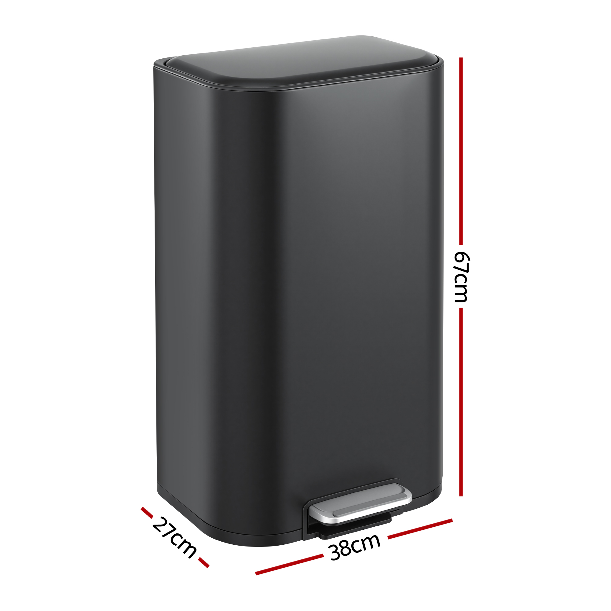 Cefito Kitchen Trash Can 40L Pedal Bins Rubbish Bin Steel with Soft Close Lid, Removable Inner Bucket, Rectangular Garbage Can Recycling Bin, Black - Image 2