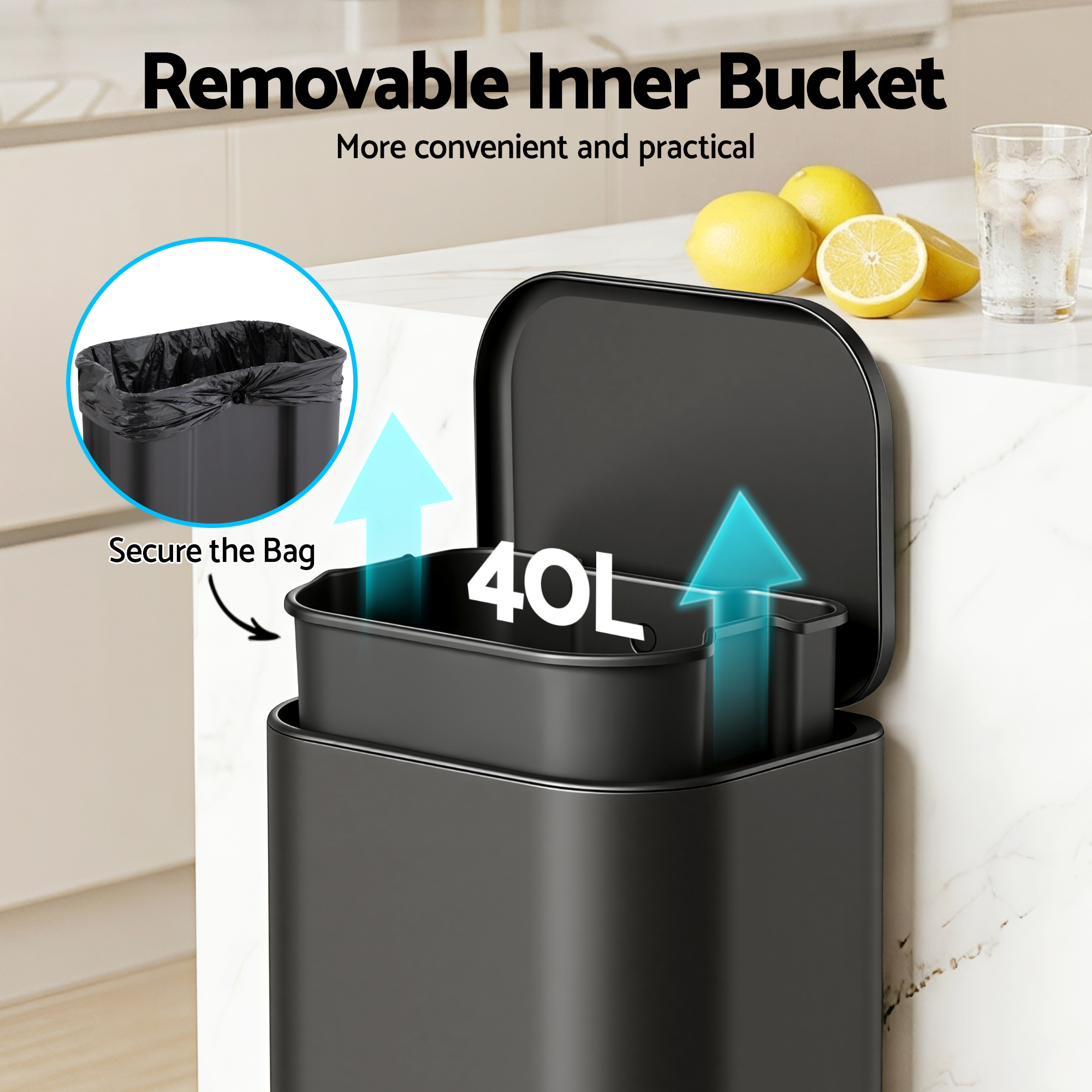 Cefito Kitchen Trash Can 40L Pedal Bins Rubbish Bin Steel with Soft Close Lid, Removable Inner Bucket, Rectangular Garbage Can Recycling Bin, Black - Image 5