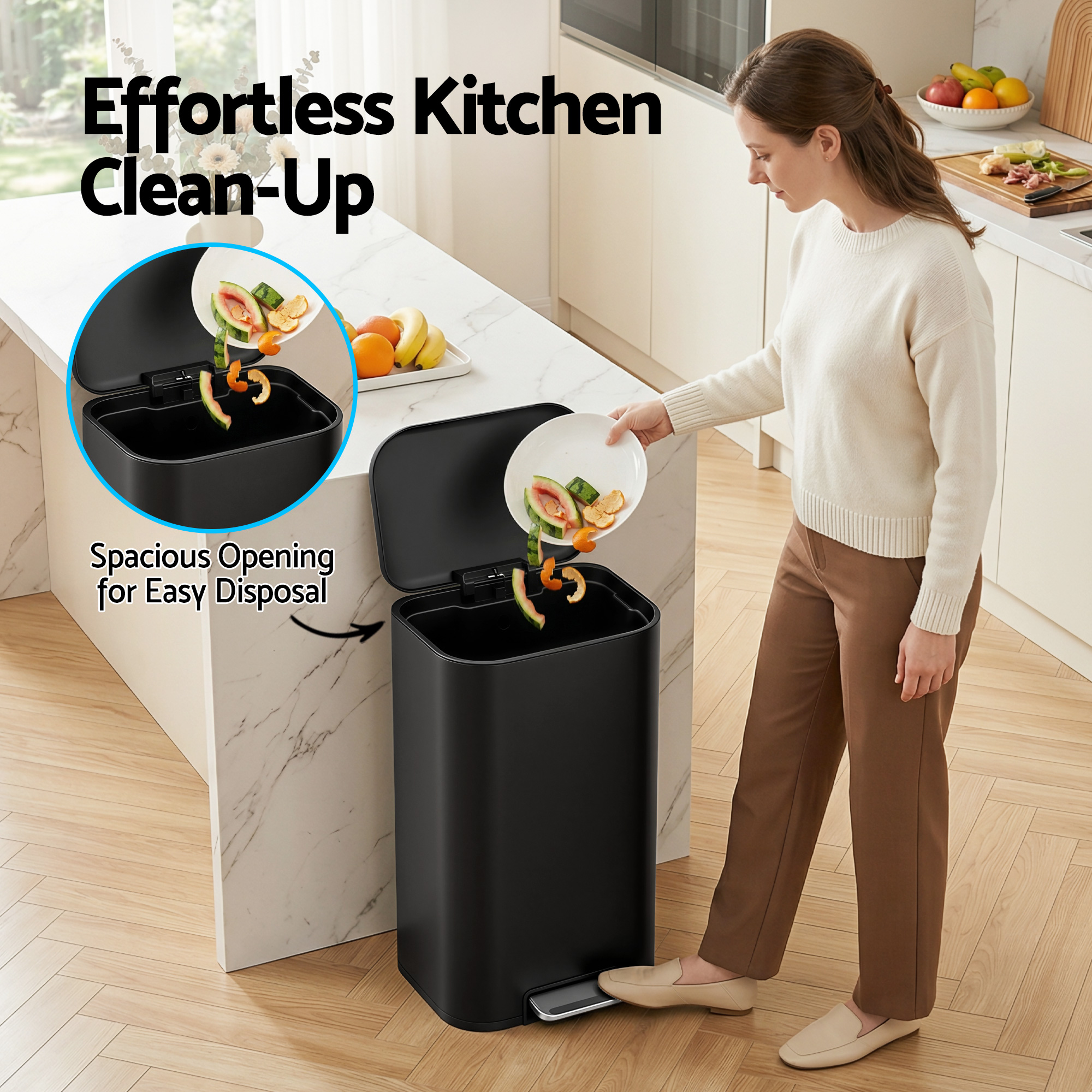 Cefito Kitchen Trash Can 40L Pedal Bins Rubbish Bin Steel with Soft Close Lid, Removable Inner Bucket, Rectangular Garbage Can Recycling Bin, Black - Image 6