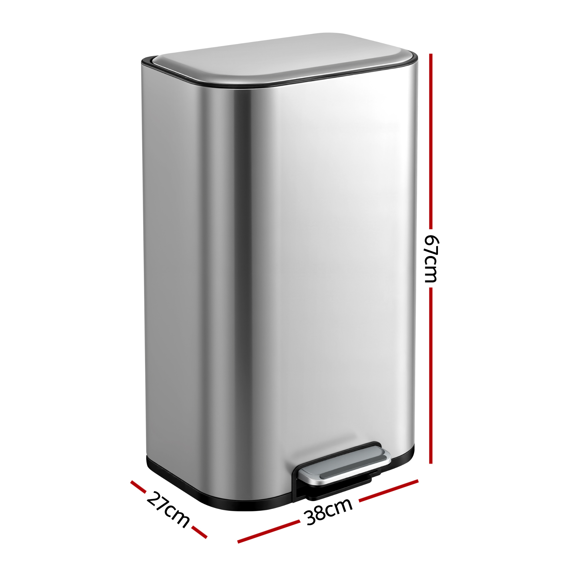 Cefito Kitchen Trash Can 40L Pedal Bins Rubbish Bin Steel with Soft Close Lid, Removable Inner Bucket, Rectangular Garbage Can Recycling Bin, Silver - Image 2