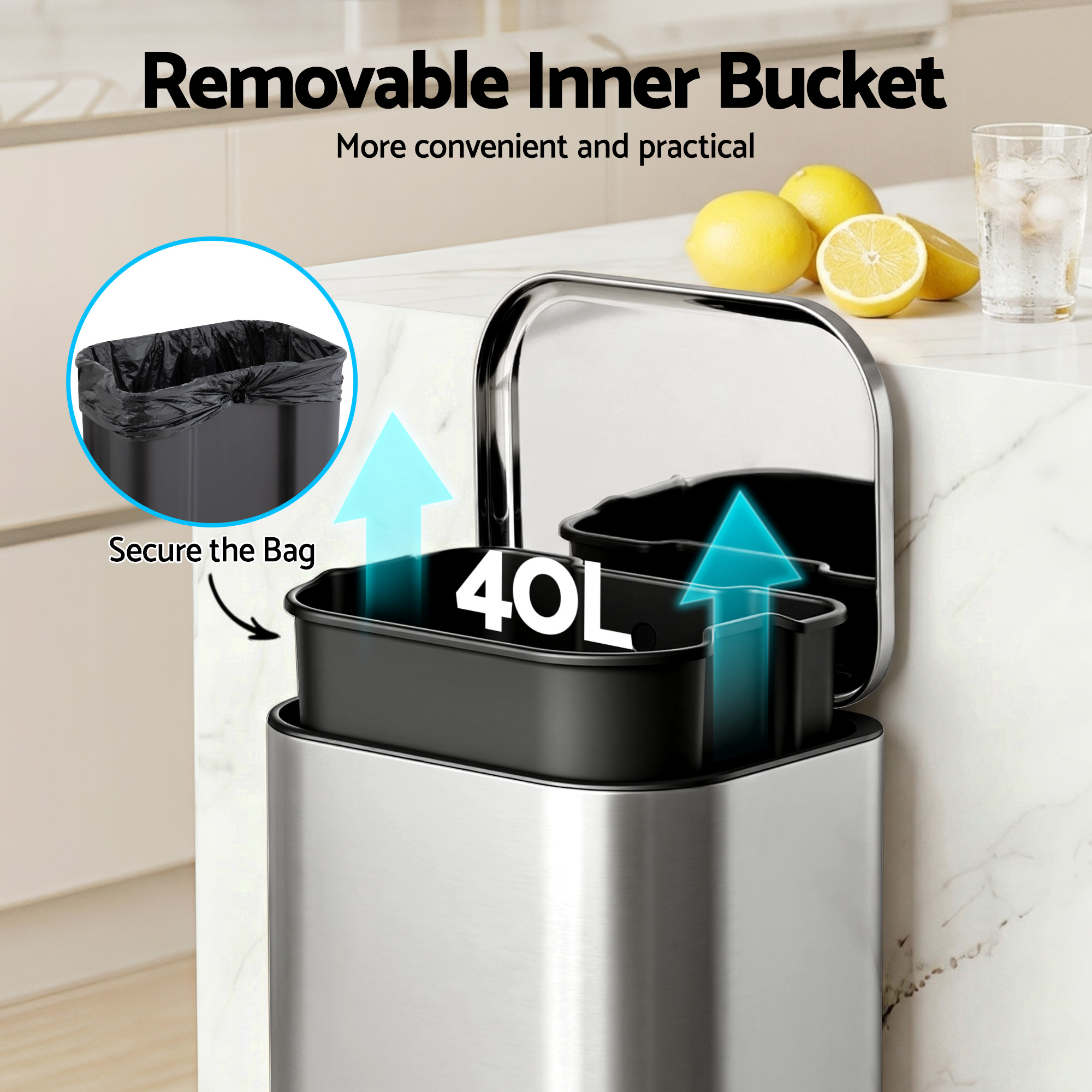 Cefito Kitchen Trash Can 40L Pedal Bins Rubbish Bin Steel with Soft Close Lid, Removable Inner Bucket, Rectangular Garbage Can Recycling Bin, Silver - Image 5