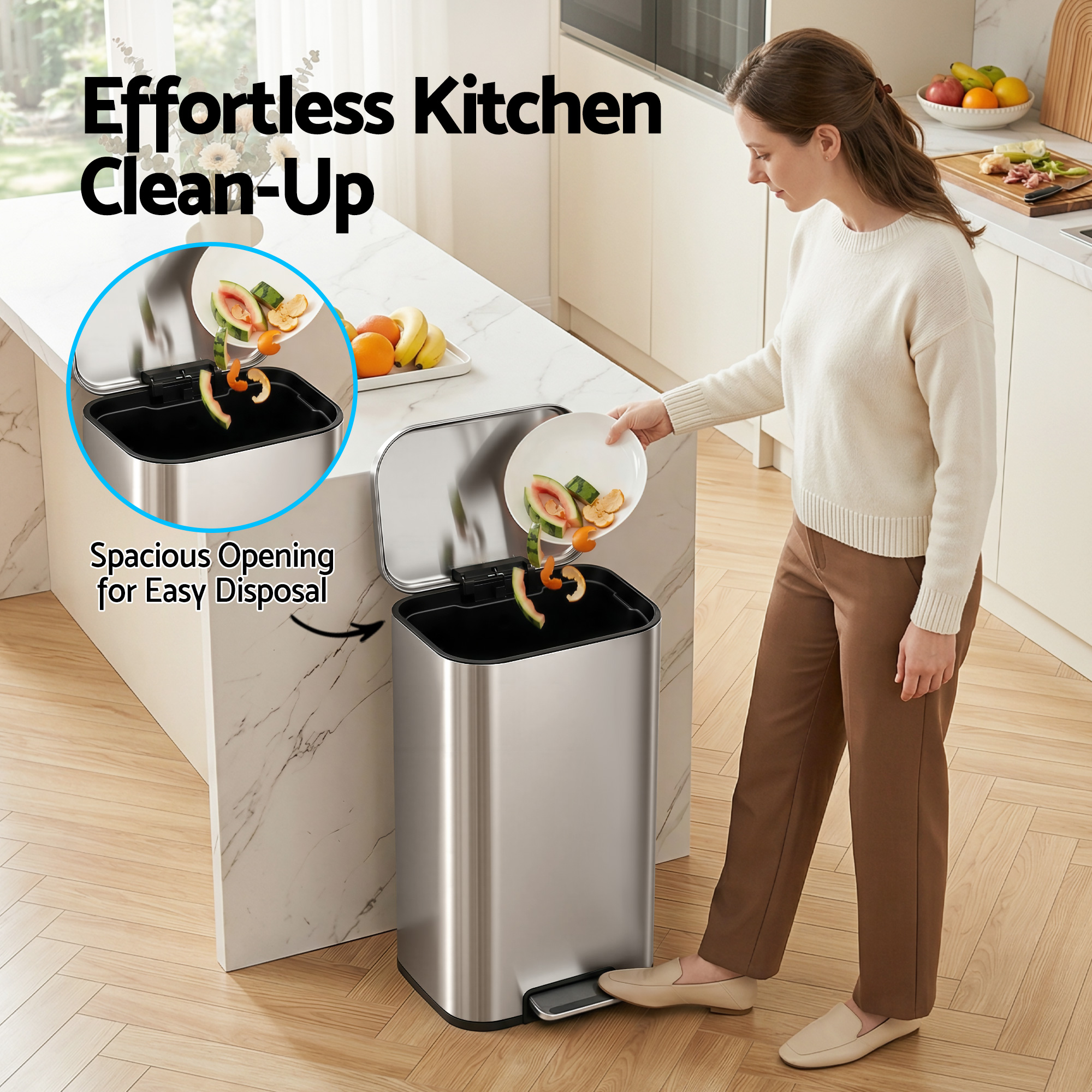 Cefito Kitchen Trash Can 40L Pedal Bins Rubbish Bin Steel with Soft Close Lid, Removable Inner Bucket, Rectangular Garbage Can Recycling Bin, Silver - Image 6