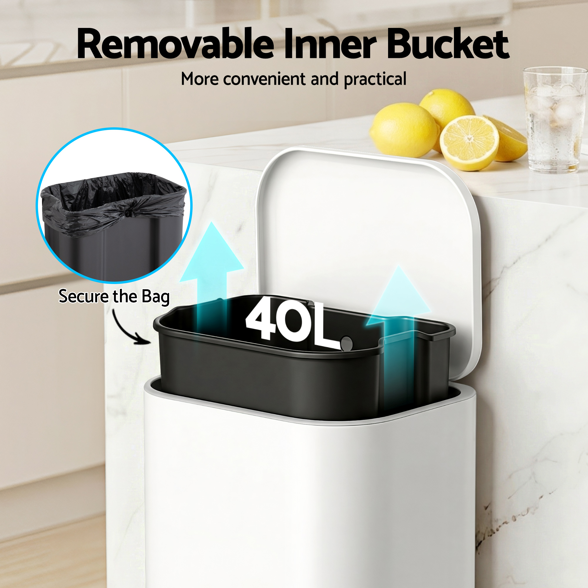 Cefito Kitchen Trash Can 40L Pedal Bins Rubbish Bin Steel with Soft Close Lid, Removable Inner Bucket, Rectangular Garbage Can Recycling Bin, White - Image 5