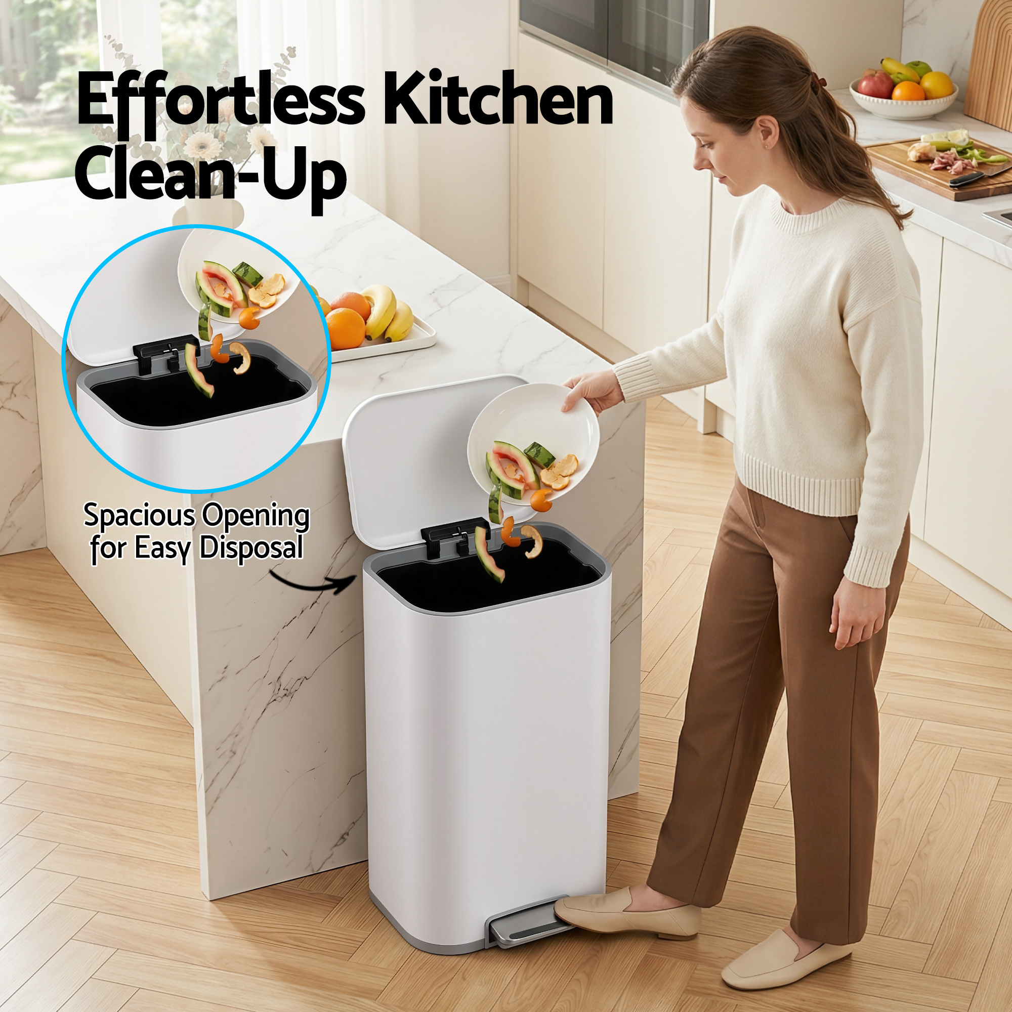 Cefito Kitchen Trash Can 40L Pedal Bins Rubbish Bin Steel with Soft Close Lid, Removable Inner Bucket, Rectangular Garbage Can Recycling Bin, White - Image 6