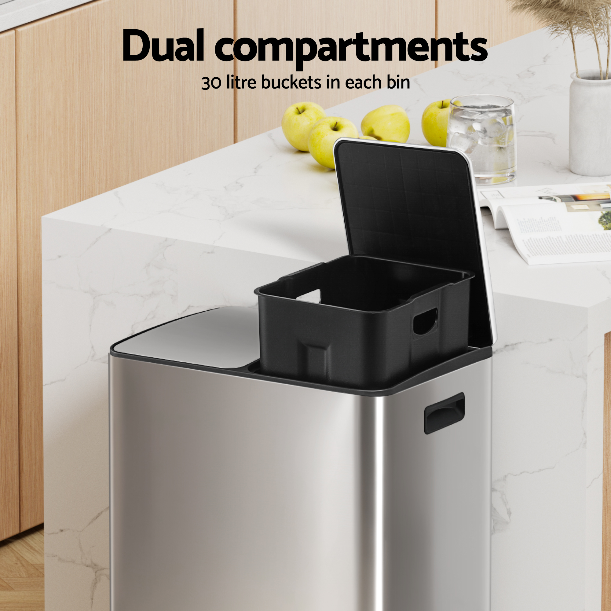 Cefito Pedal Bins Rubbish Bin Dual Compartment Waste Recycle Dustbins 60L Silver - Image 4