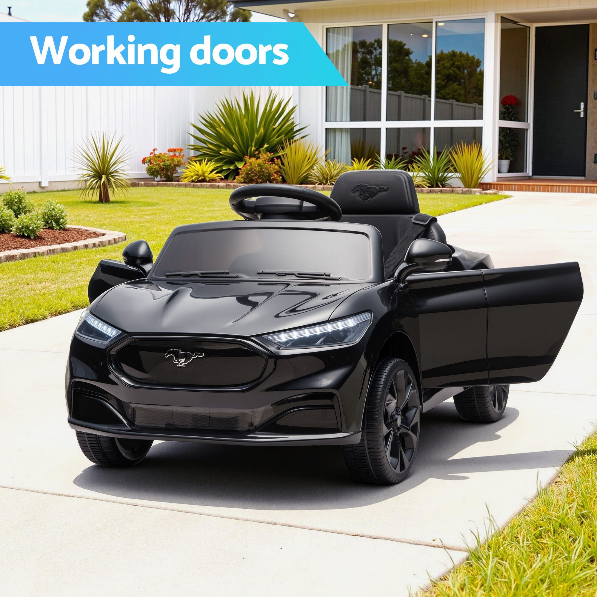 Kids Ride On Car 12V Licensed Ford Electric Toy with Remote Control Horn Music 97x61cm Black - Image 4
