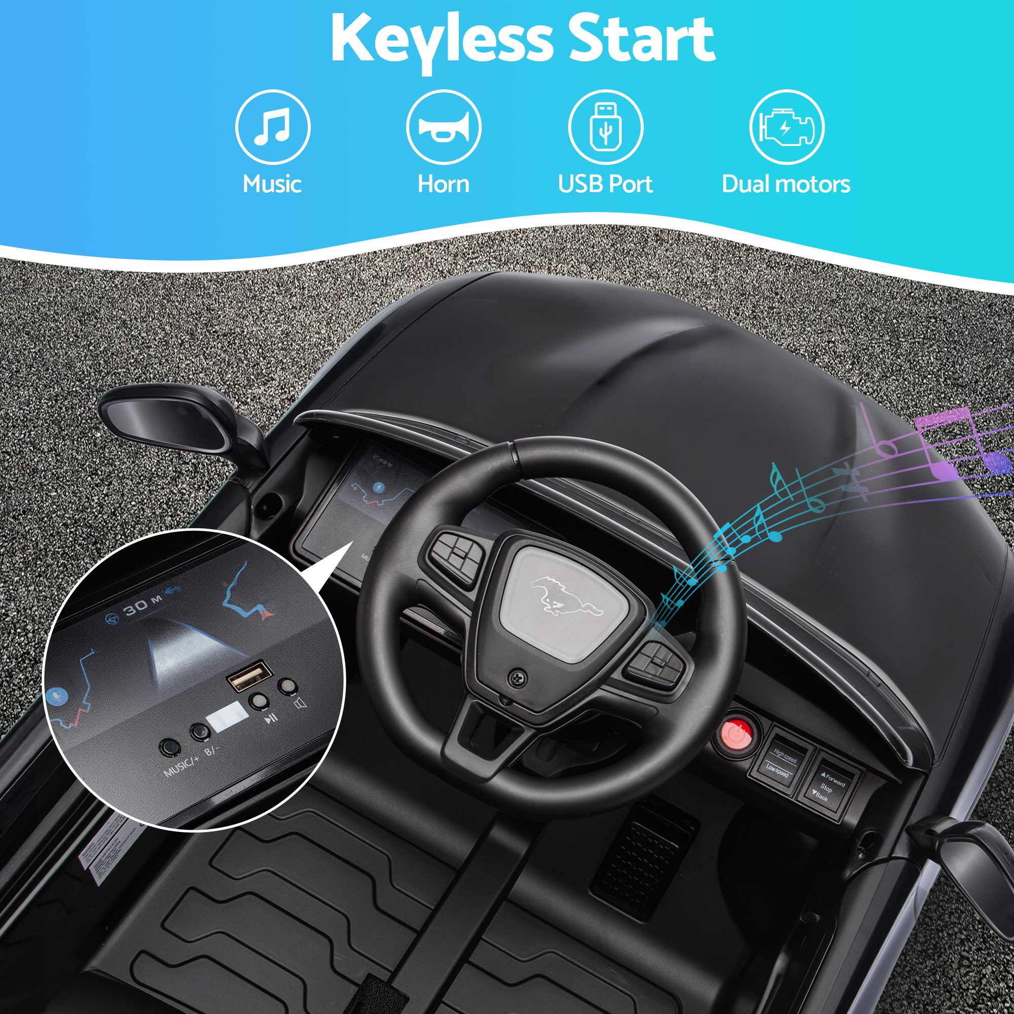 Kids Ride On Car 12V Licensed Ford Electric Toy with Remote Control Horn Music 97x61cm Black - Image 6