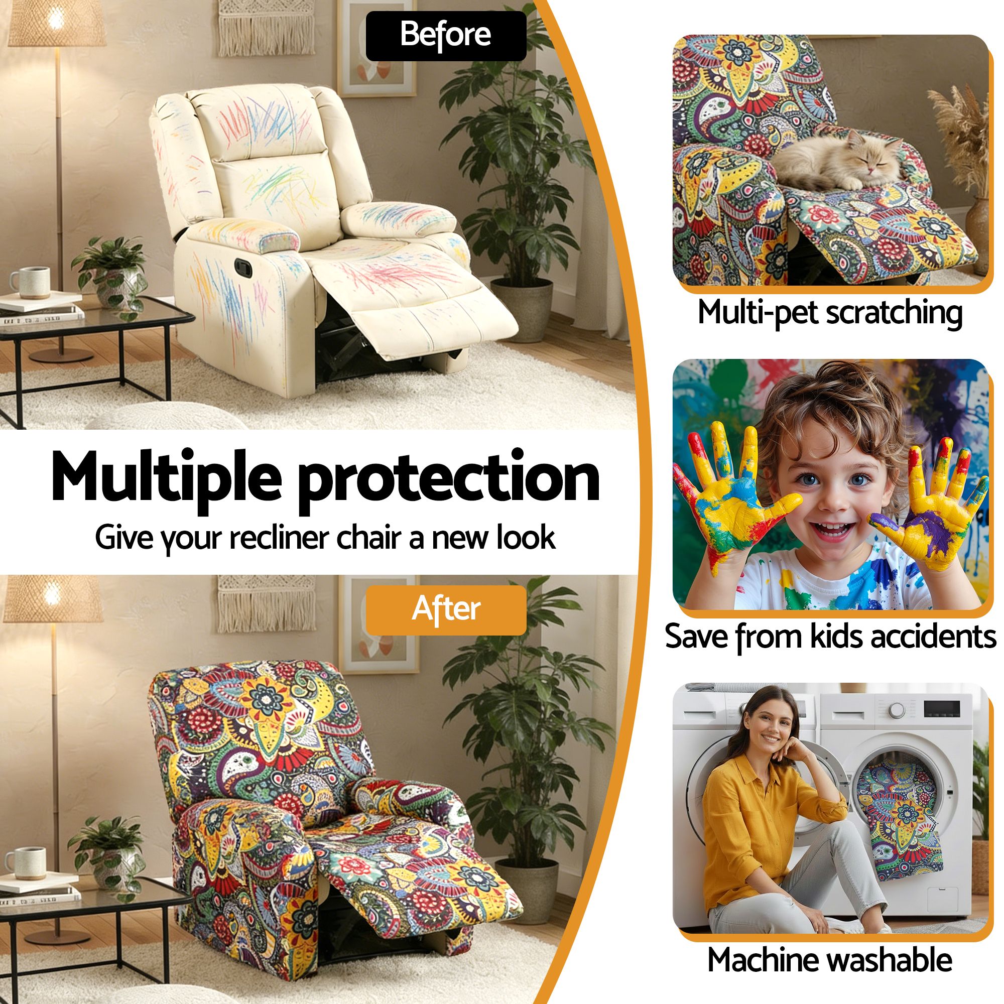 Artiss Stretch Kids Recliner Cover 4-Pieces Recliner Chair Slipcovers Printed Polyester - Image 6