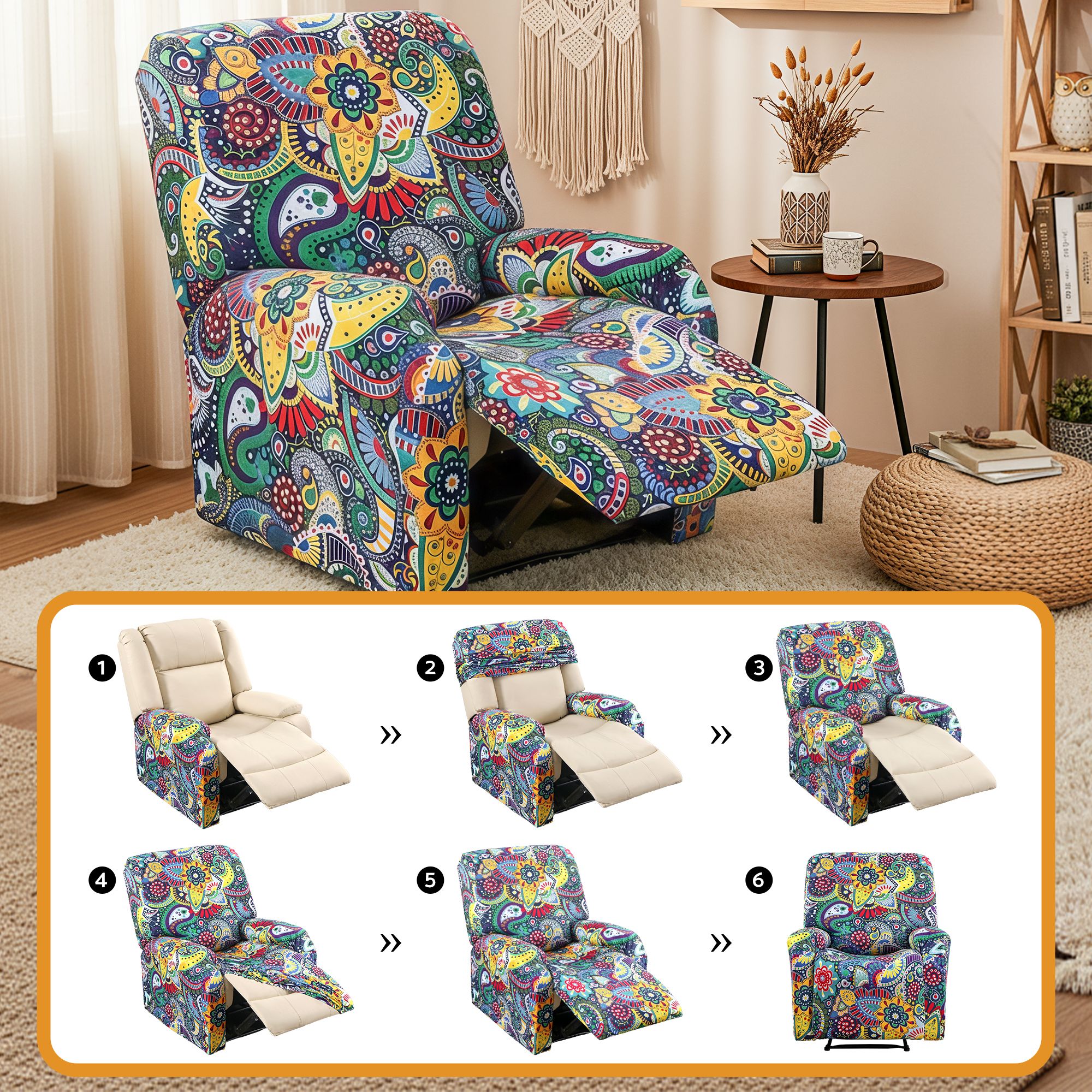 Artiss Stretch Kids Recliner Cover 4-Pieces Recliner Chair Slipcovers Printed Polyester - Image 7