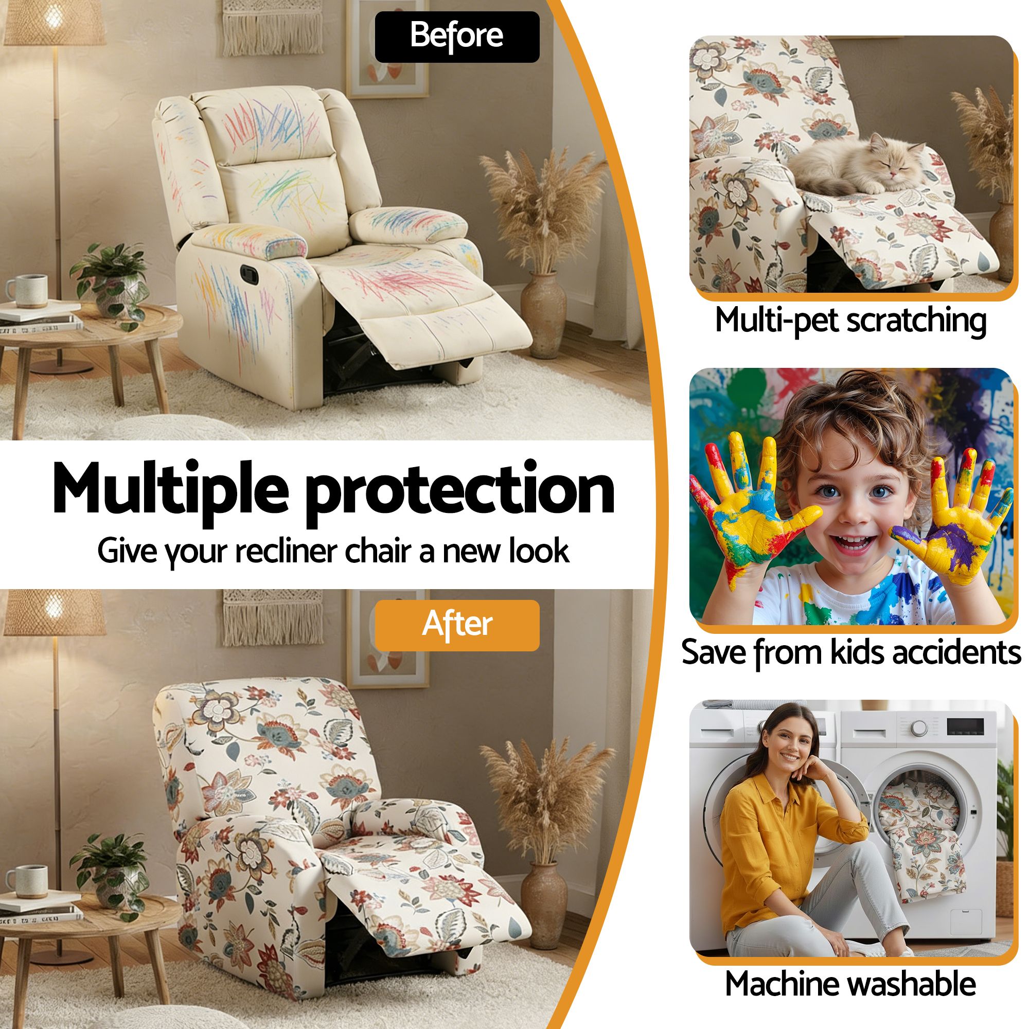 Artiss Stretch Kids Recliner Cover 4-Pieces Recliner Chair Slipcovers Printed Polyester - Image 6