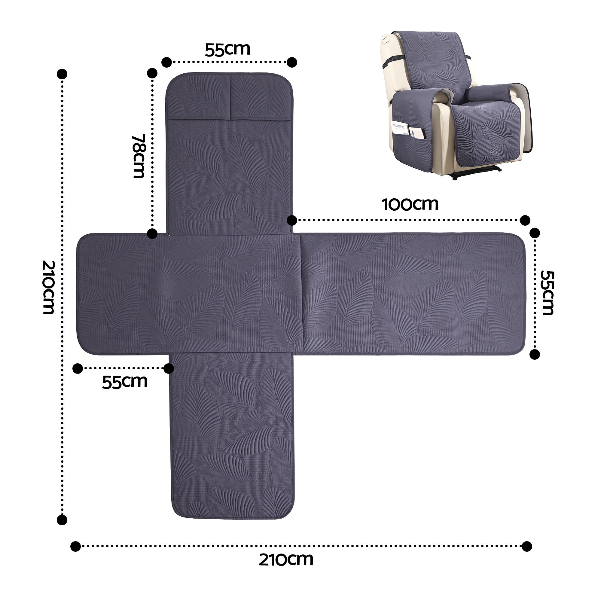 Artiss Quilted Recliner Chair Covers 100% Waterproof Recliner Slipcovers Grey - Image 2