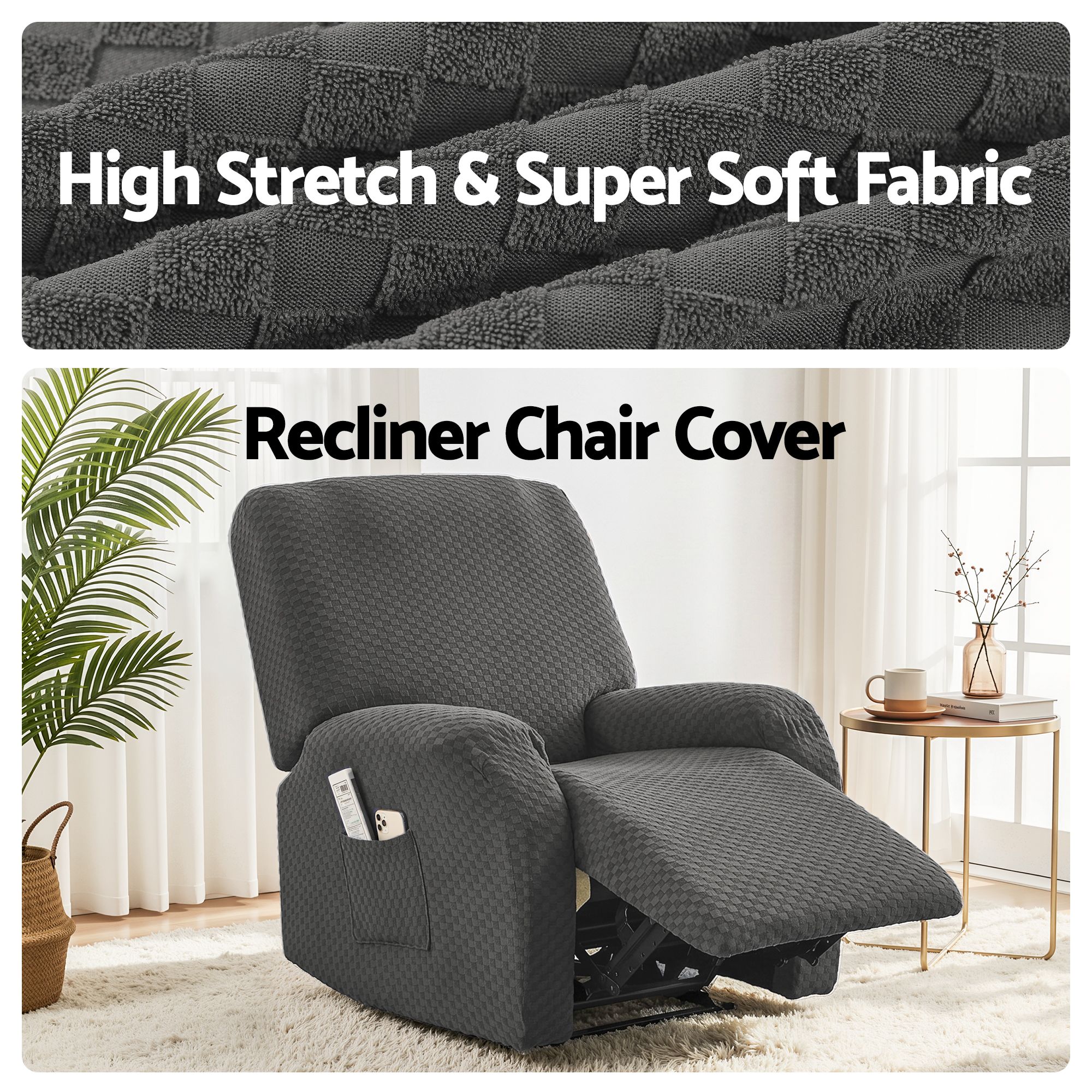 Artiss Recliner Chair Covers with Storage Side Pockets Grey Fabric - Image 5