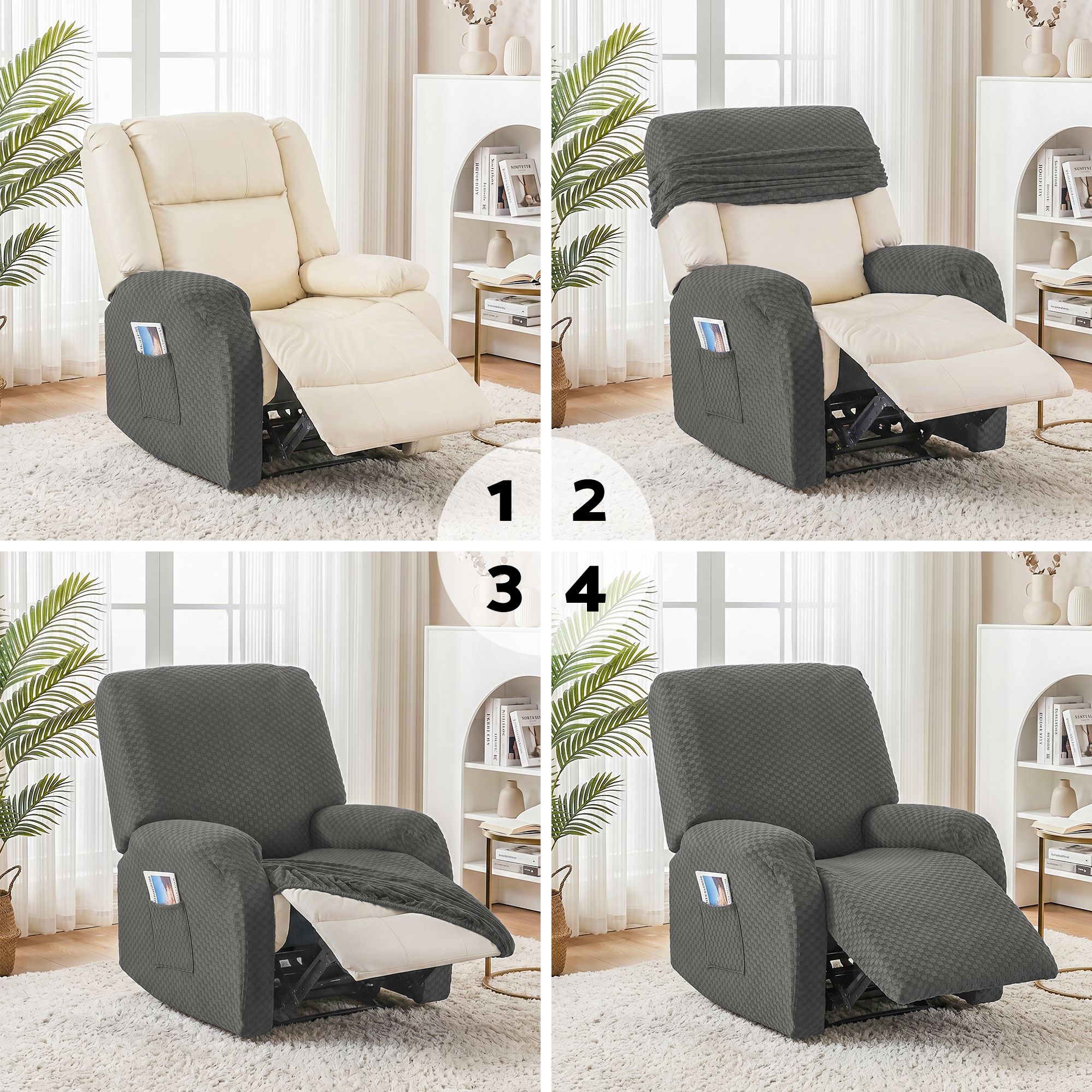 Artiss Recliner Chair Covers with Storage Side Pockets Grey Fabric - Image 8