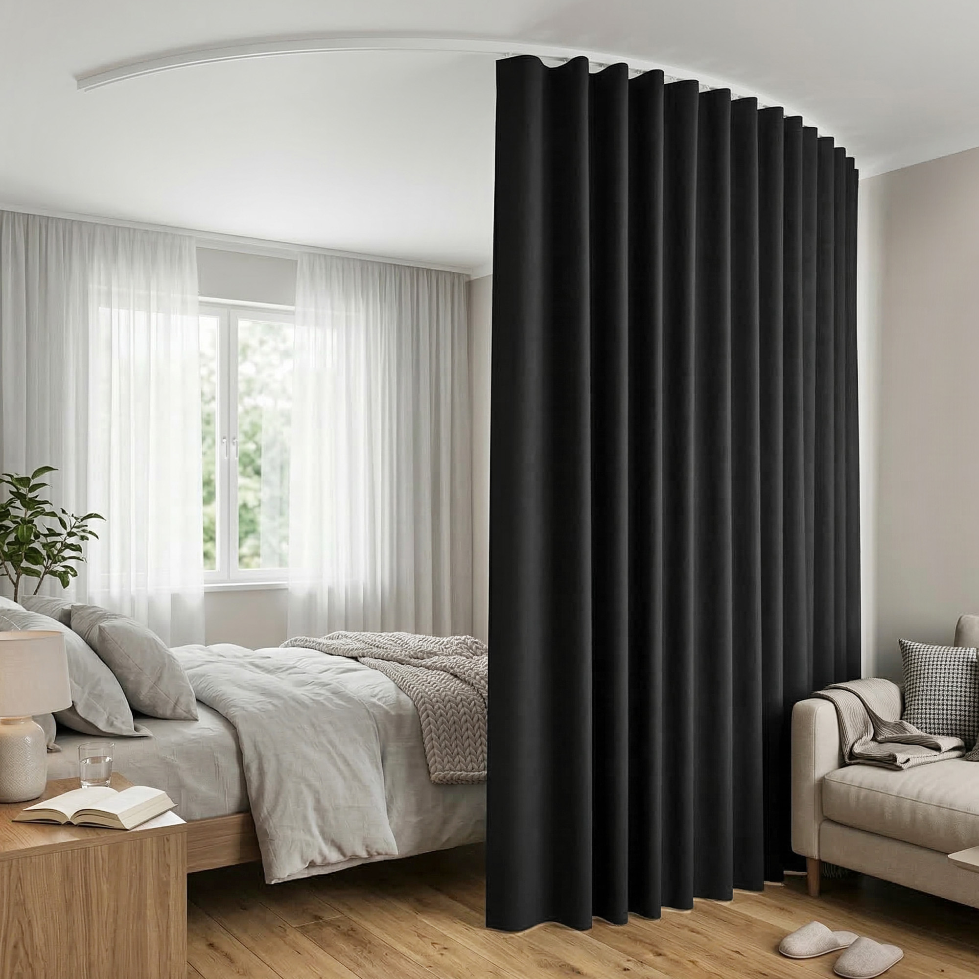Artiss Room Divider Curtain Ceiling Mounted Track Sets Flexible Black - Image 1
