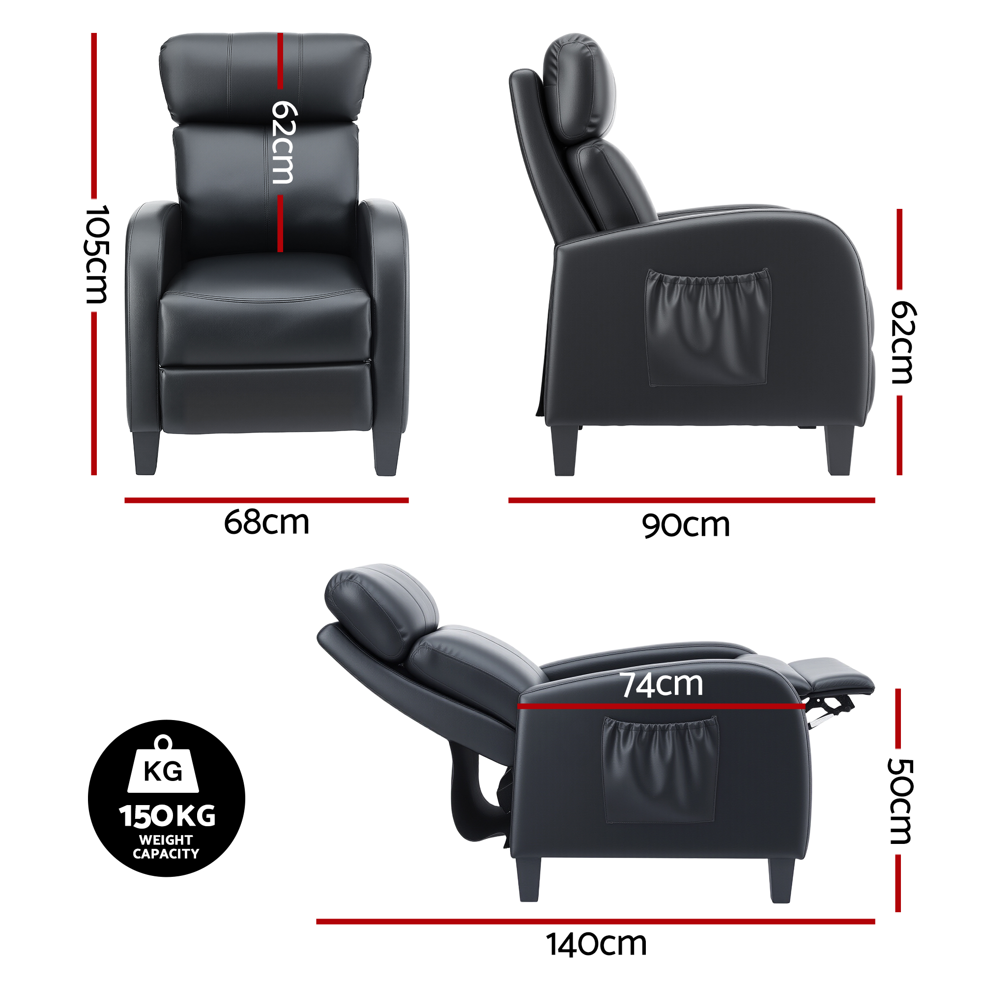 Artiss Massage Recliner Chair Small Recliner Sofa for Adults PU Leather Black - Image 2
