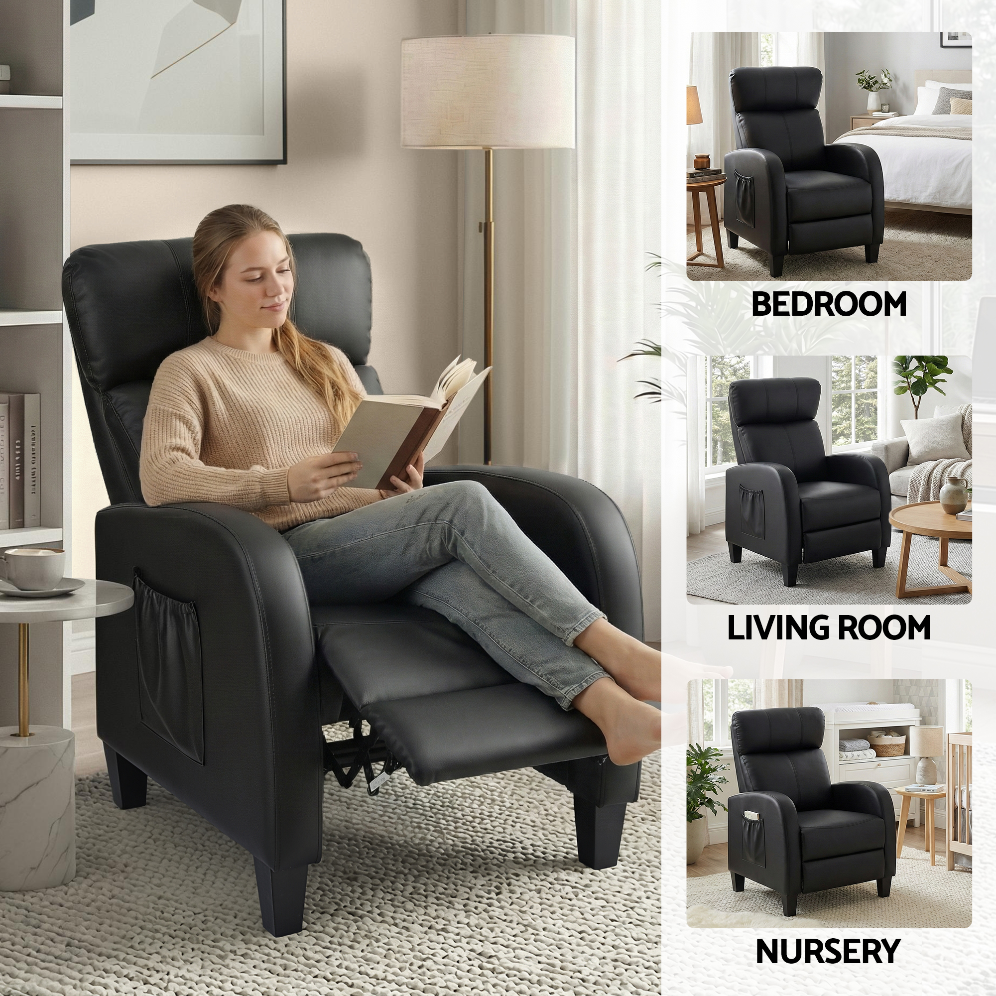 Artiss Massage Recliner Chair Small Recliner Sofa for Adults PU Leather Black - Image 8