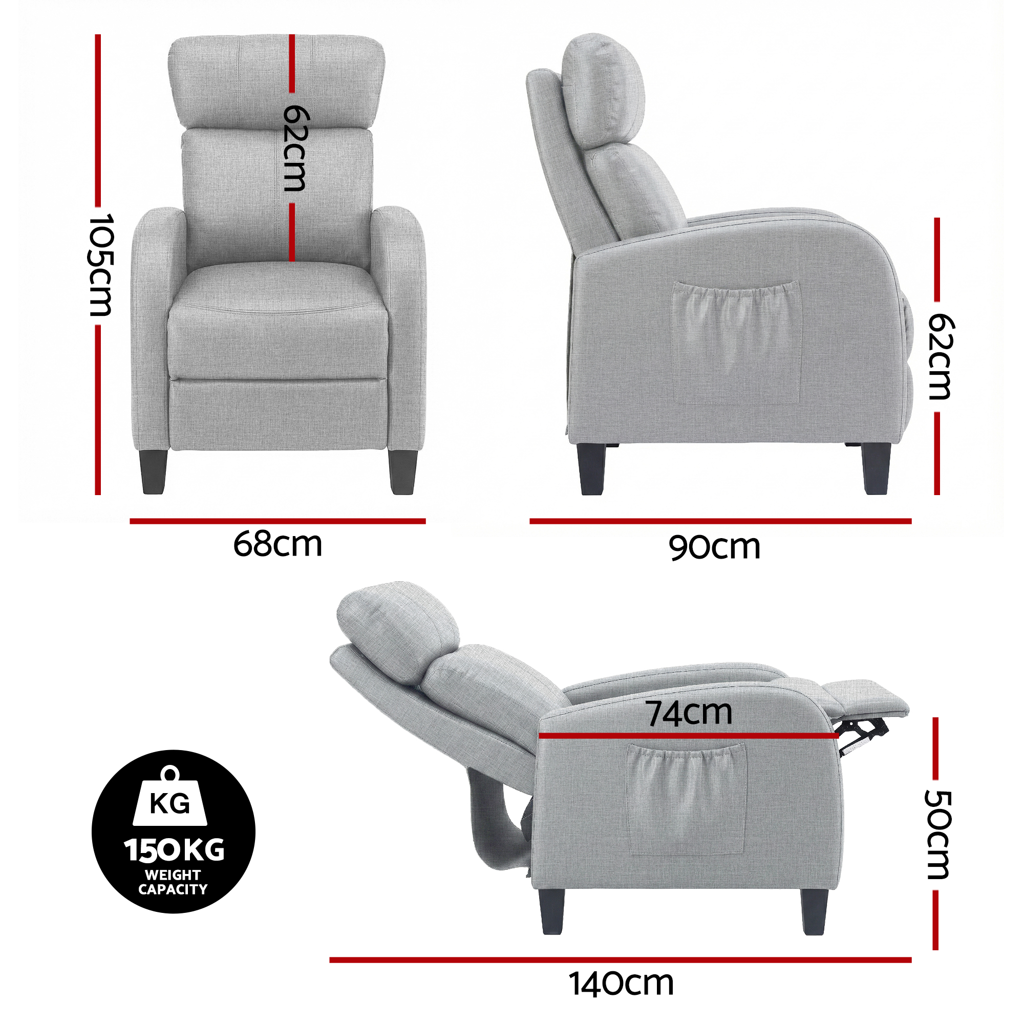 Artiss Massage Recliner Chair Small Recliner Sofa for Adults Fabric Grey - Image 2