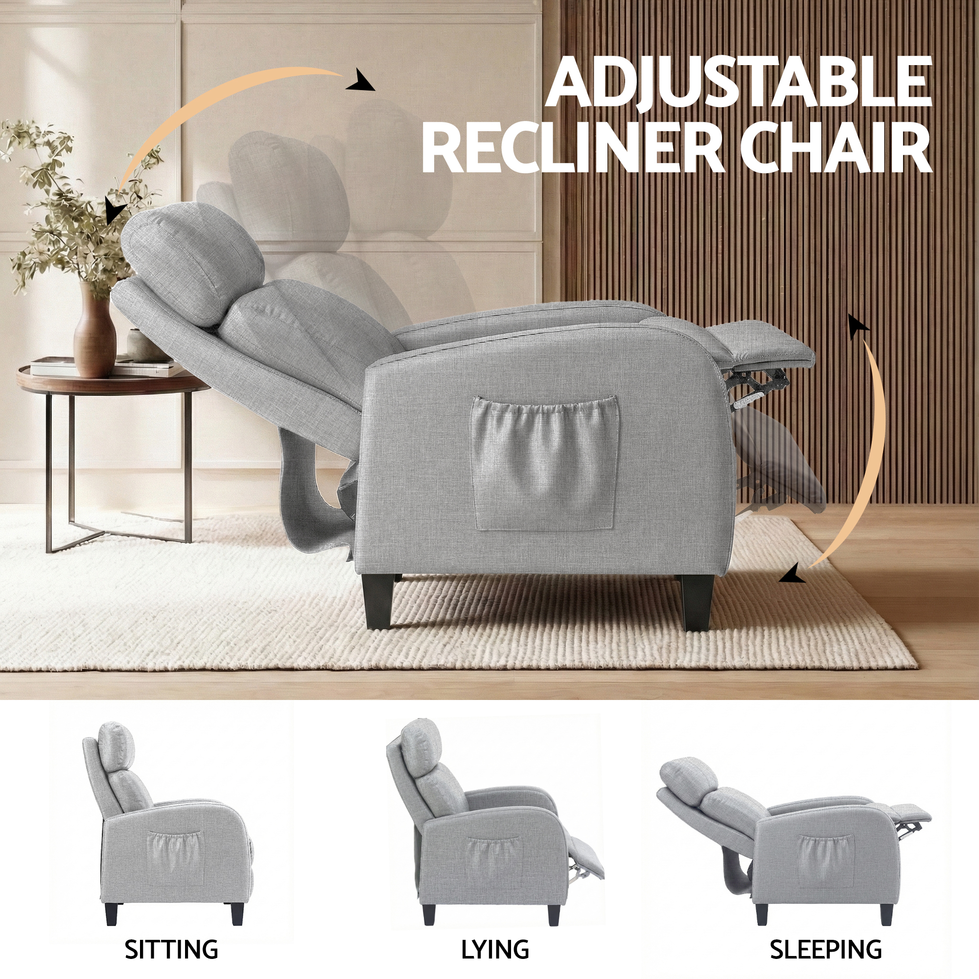 Artiss Massage Recliner Chair Small Recliner Sofa for Adults Fabric Grey - Image 4
