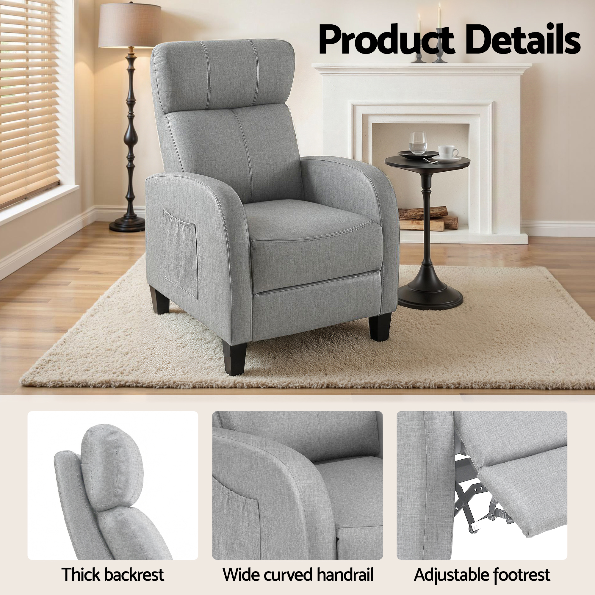 Artiss Massage Recliner Chair Small Recliner Sofa for Adults Fabric Grey - Image 7