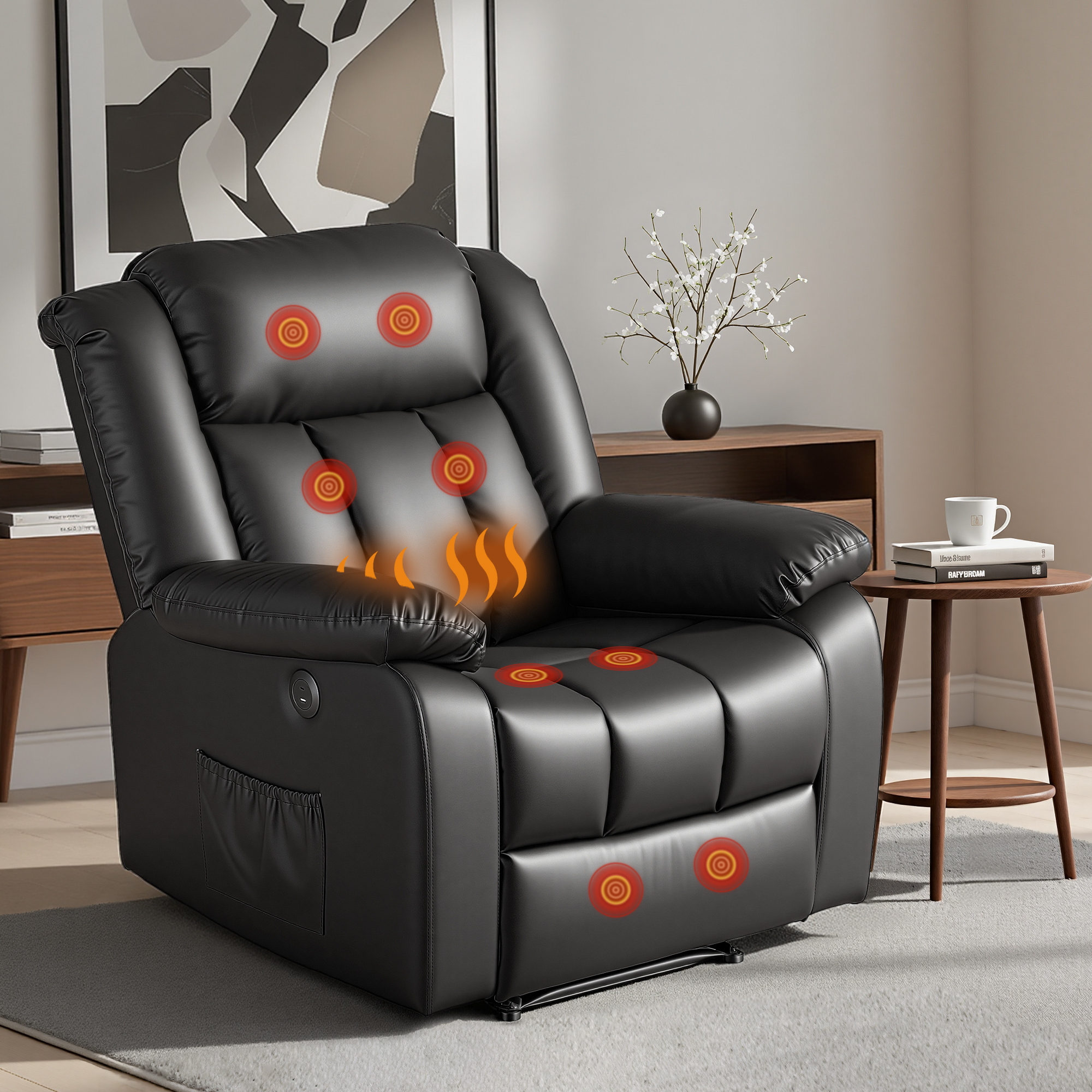 Artiss Manual Massage Recliner Chair for Living Room, Leather Sofa Lounge Reclining Chair with 2 USB Port, 160° Recline Reading Chair with 20CM Wide Armrests, 8 Point Vibration & Lumbar Heat, Black - Image 1