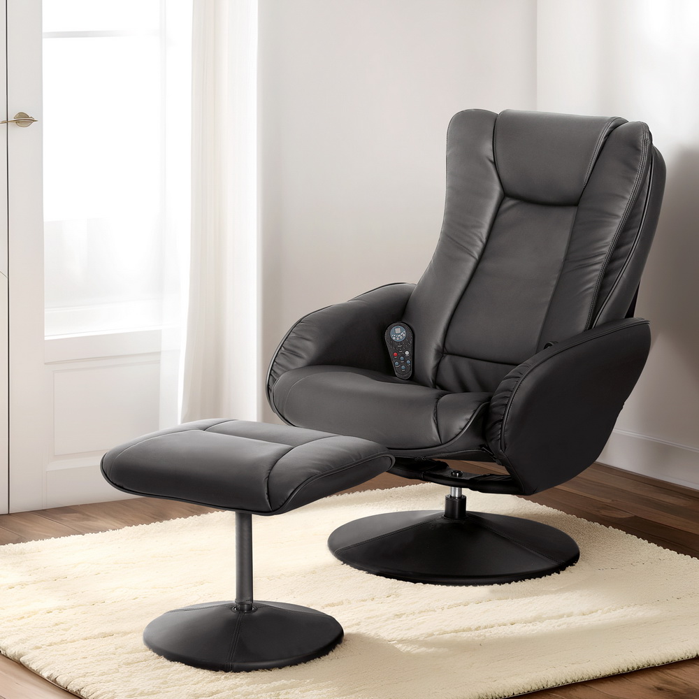 Artiss Recliner Chair Ottoman Heated Massage Black - Image 1