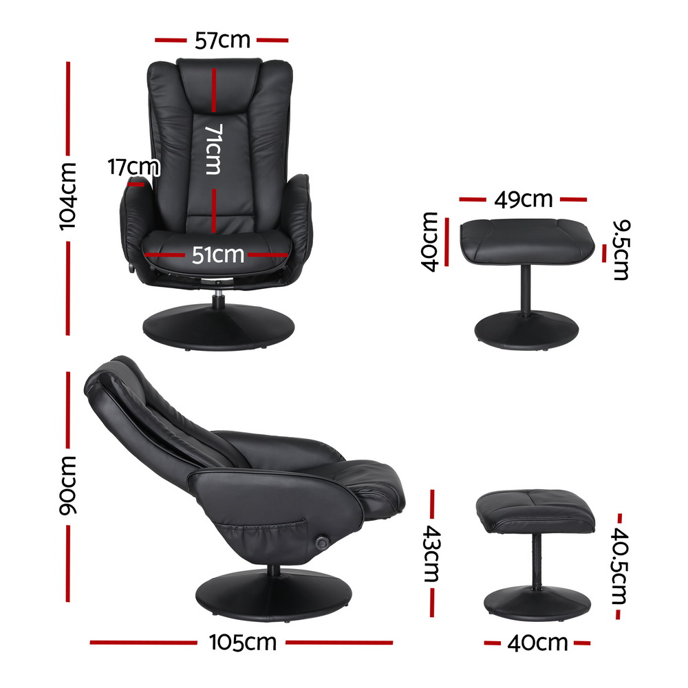 Artiss Recliner Chair Ottoman Heated Massage Black - Image 2