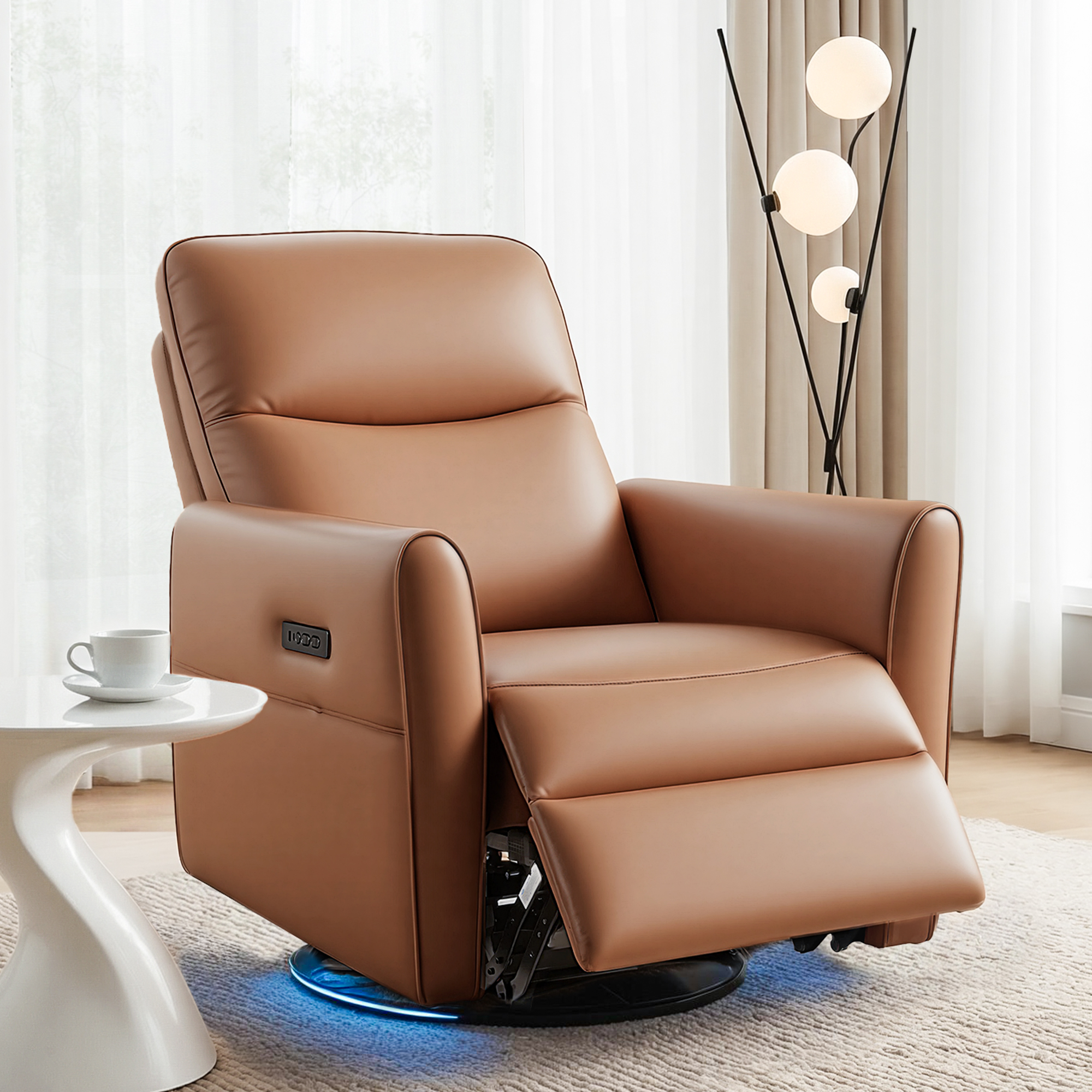 Artiss Swivel Recliner Chair Leather Rocking Reclining Sofa with Charging Ports LED Brown - Image 1