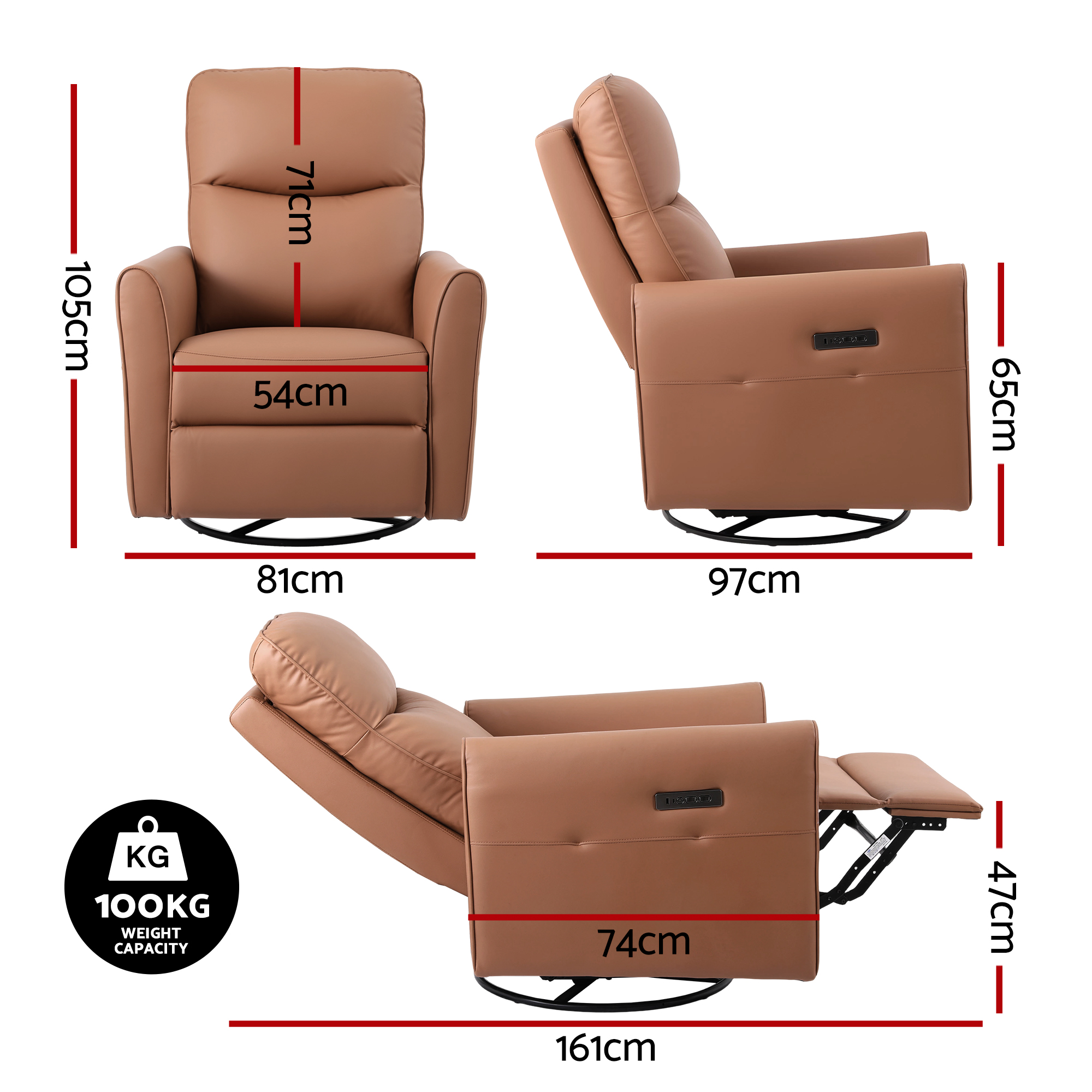 Artiss Swivel Recliner Chair Leather Rocking Reclining Sofa with Charging Ports LED Brown - Image 2