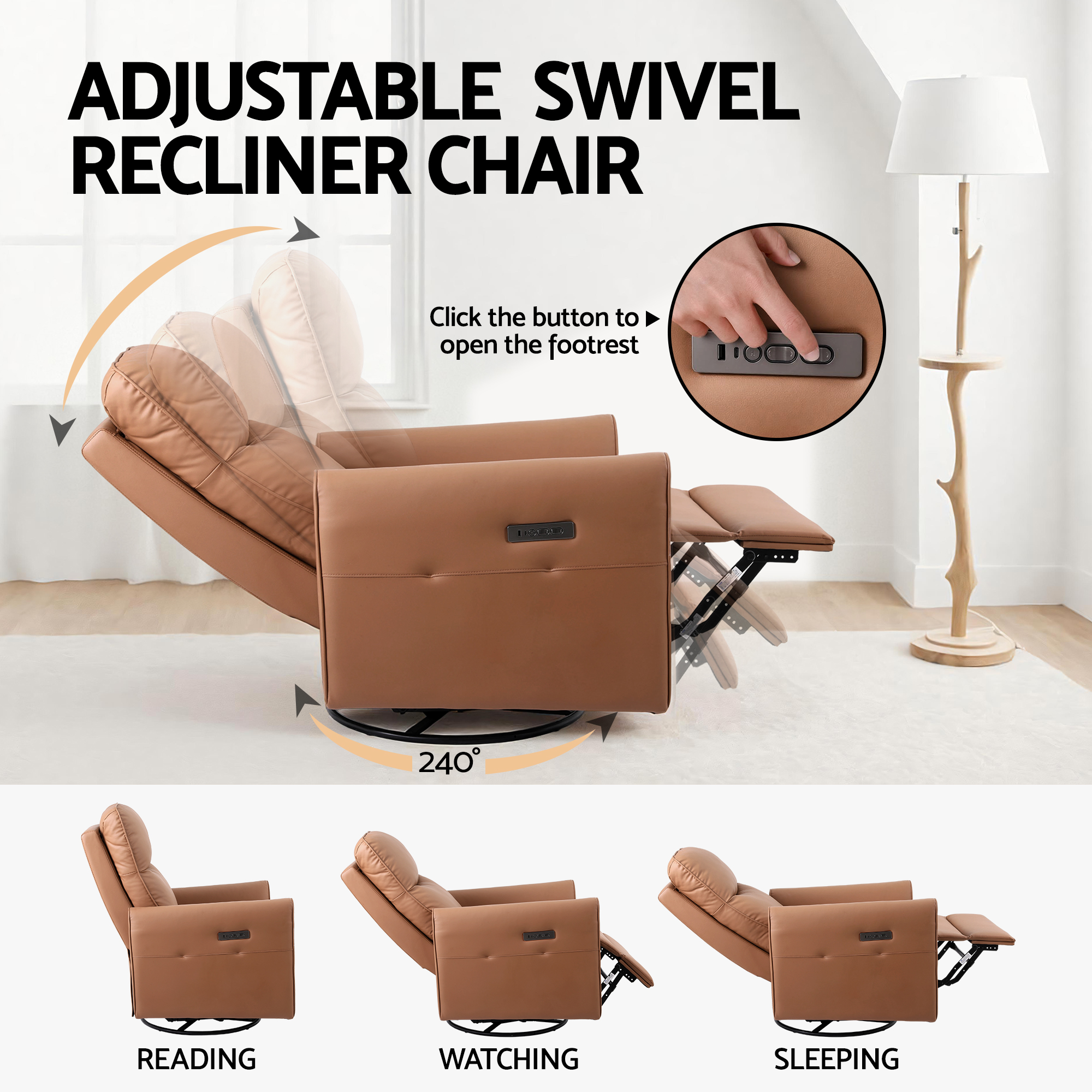 Artiss Swivel Recliner Chair Leather Rocking Reclining Sofa with Charging Ports LED Brown - Image 4