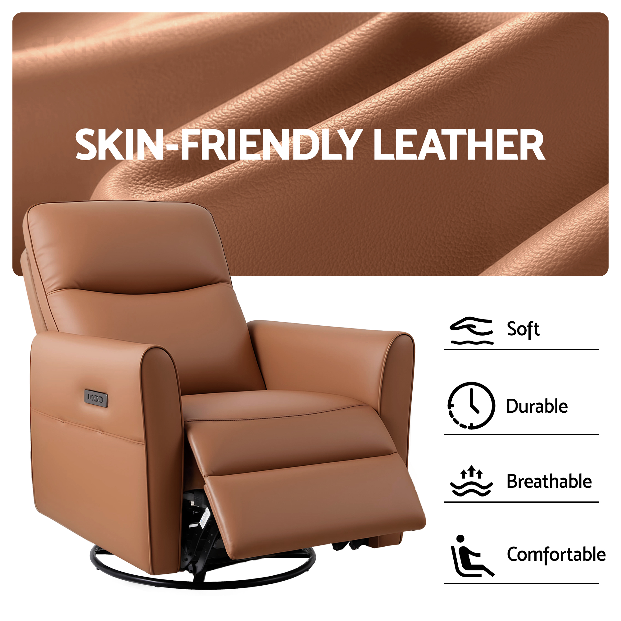 Artiss Swivel Recliner Chair Leather Rocking Reclining Sofa with Charging Ports LED Brown - Image 5