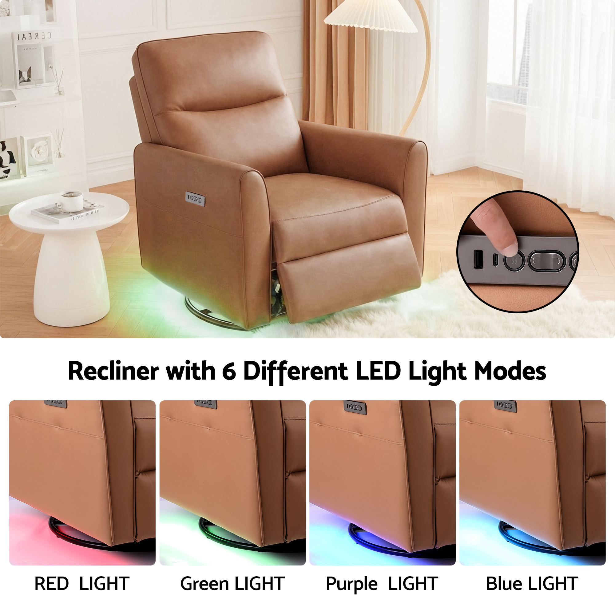 Artiss Swivel Recliner Chair Leather Rocking Reclining Sofa with Charging Ports LED Brown - Image 6