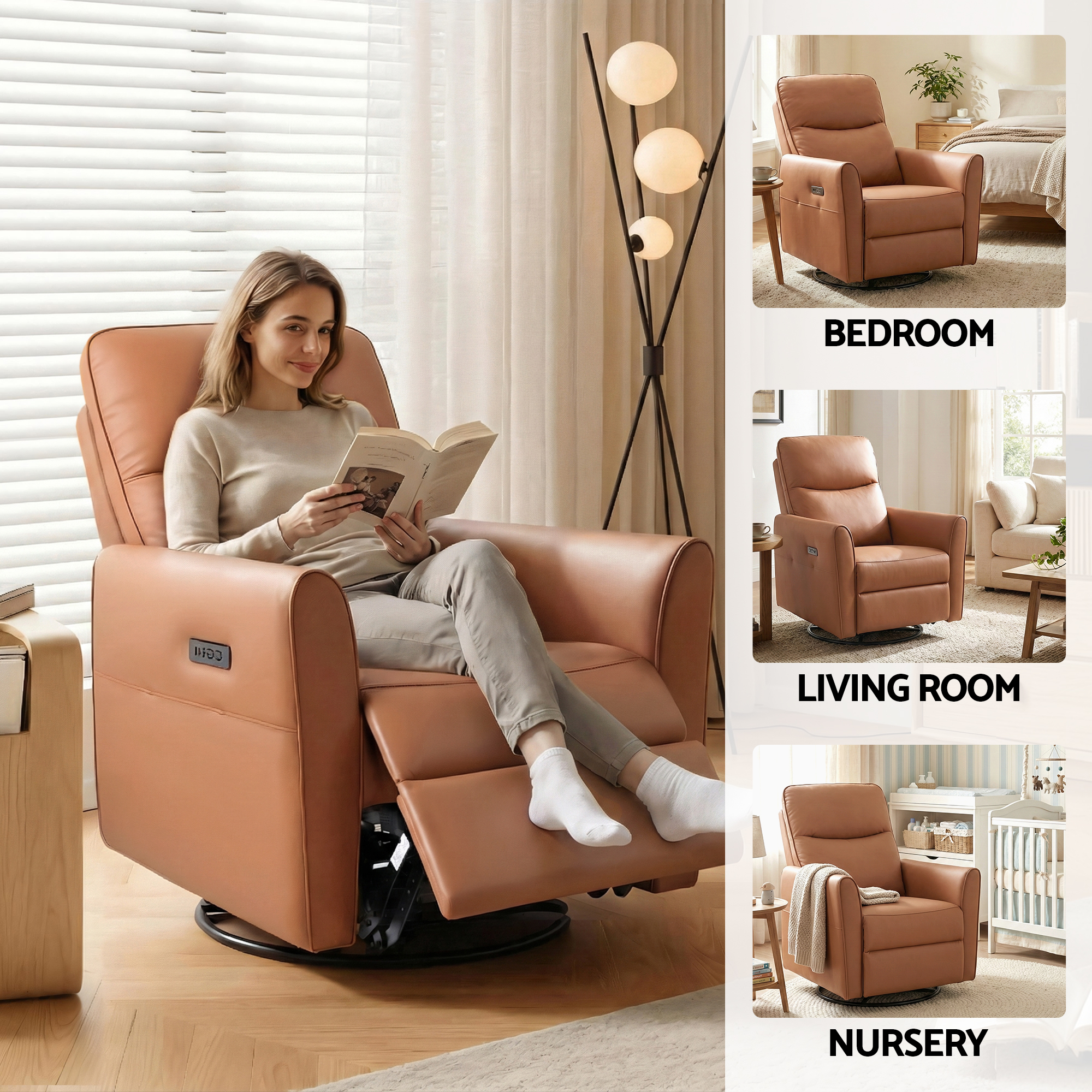Artiss Swivel Recliner Chair Leather Rocking Reclining Sofa with Charging Ports LED Brown - Image 8