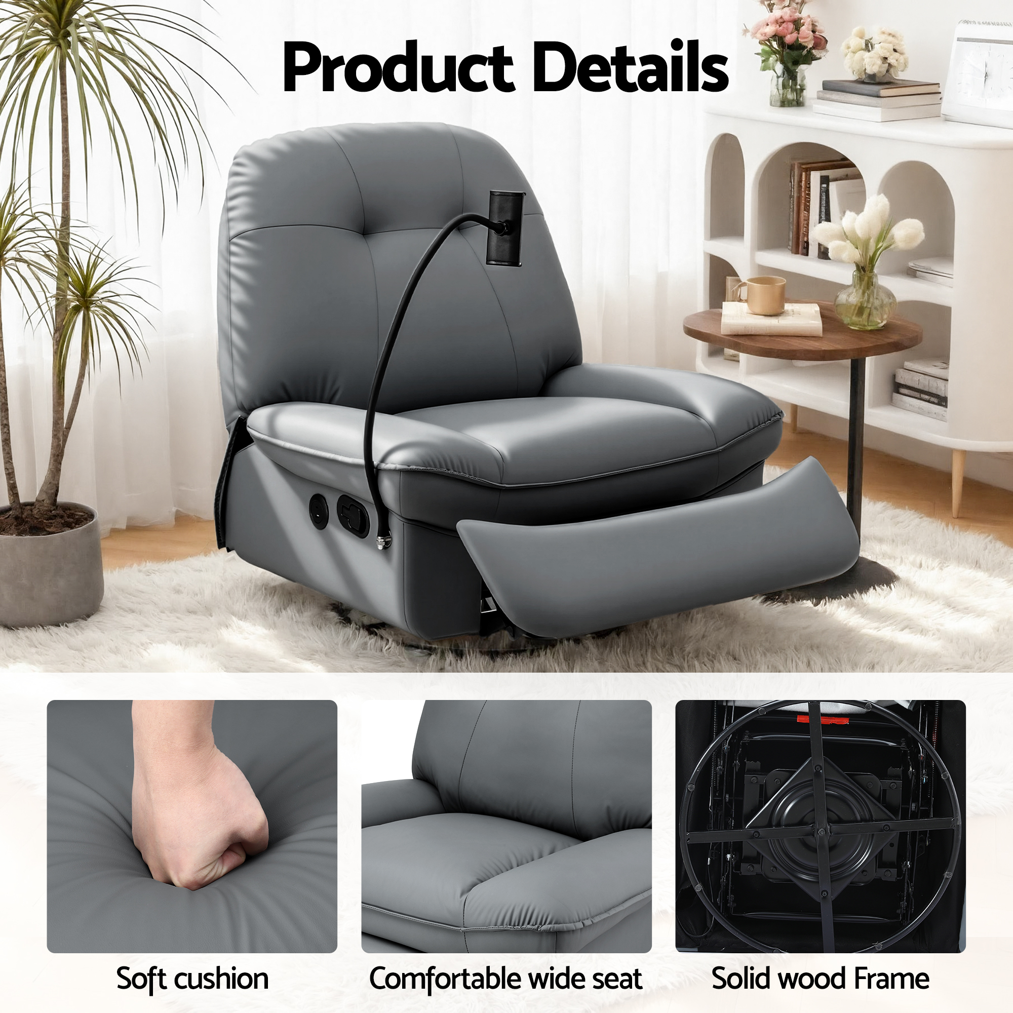 Artiss Manual Swivel Rocker Recliner with USB Ports Rocking Chair Nursery Sofa Lounge - Image 7