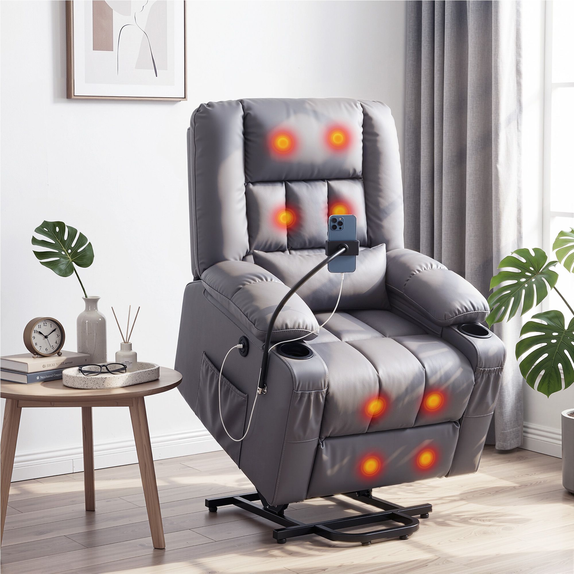 Artiss Power Lift Recliner Chair with Massage and Heat for Elderly, Electric Sofa Reclining Chair with USB and Phone Holder, PU Leather Comfy Armchair for Living Room, 2 Cup Holder & 4 Pockets, Grey - Image 1
