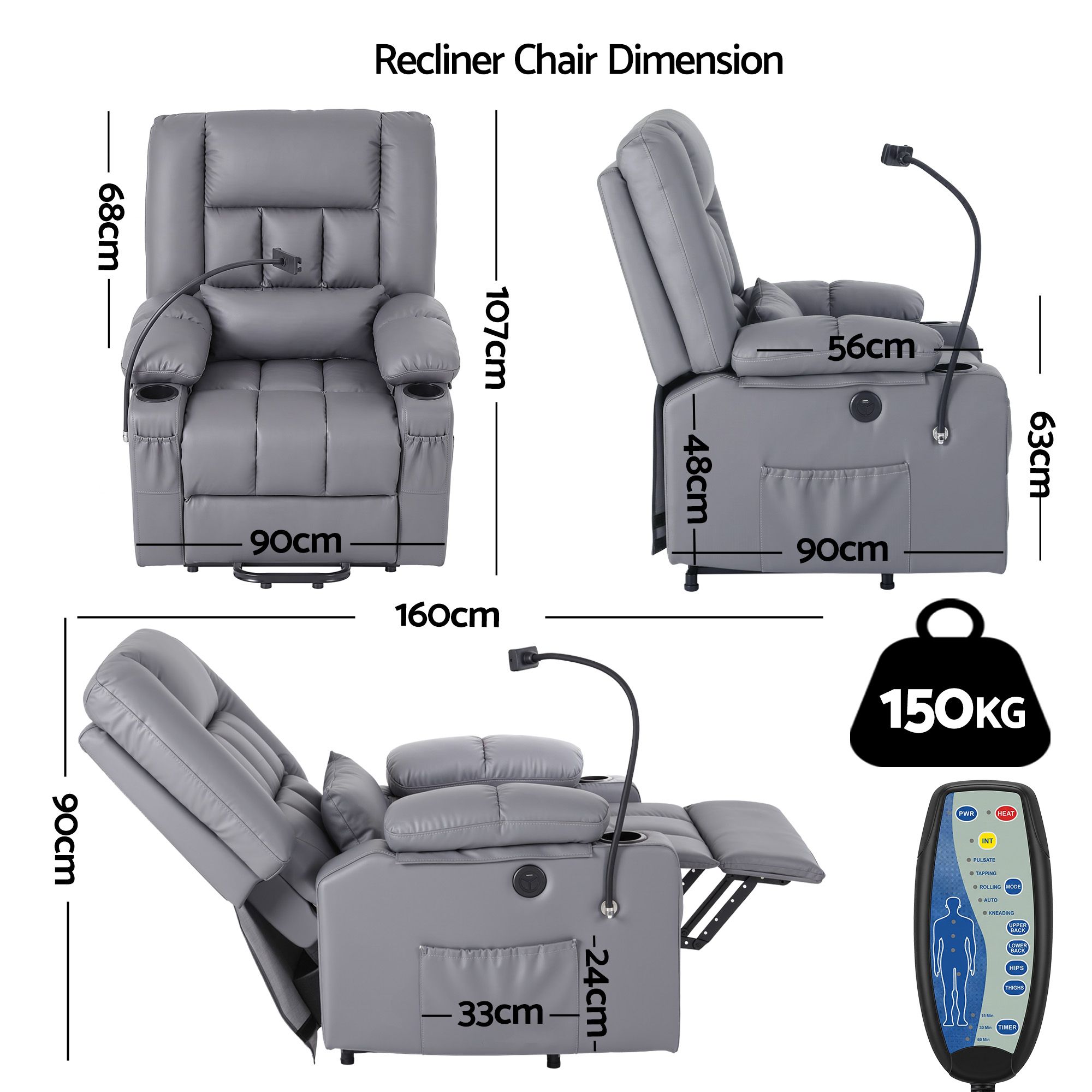 Artiss Power Lift Recliner Chair with Massage and Heat for Elderly, Electric Sofa Reclining Chair with USB and Phone Holder, PU Leather Comfy Armchair for Living Room, 2 Cup Holder & 4 Pockets, Grey - Image 3