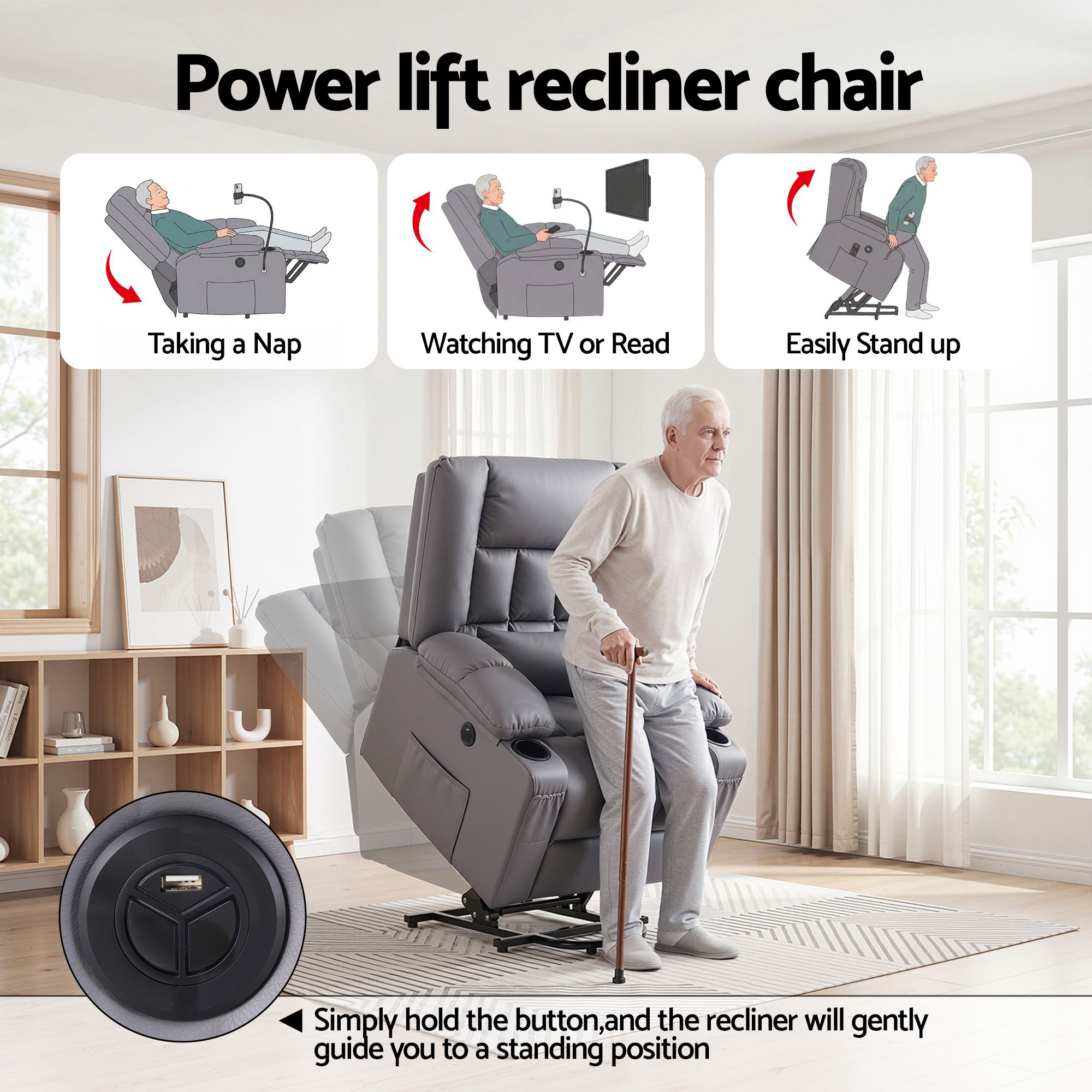 Artiss Power Lift Recliner Chair with Massage and Heat for Elderly, Electric Sofa Reclining Chair with USB and Phone Holder, PU Leather Comfy Armchair for Living Room, 2 Cup Holder & 4 Pockets, Grey - Image 5