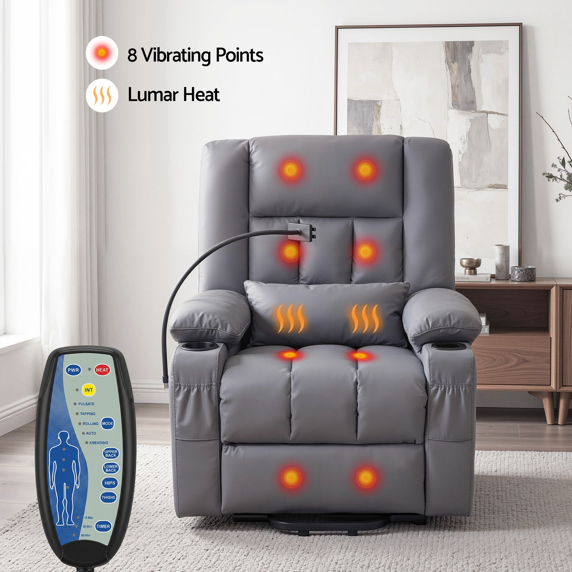 Artiss Power Lift Recliner Chair with Massage and Heat for Elderly, Electric Sofa Reclining Chair with USB and Phone Holder, PU Leather Comfy Armchair for Living Room, 2 Cup Holder & 4 Pockets, Grey - Image 6