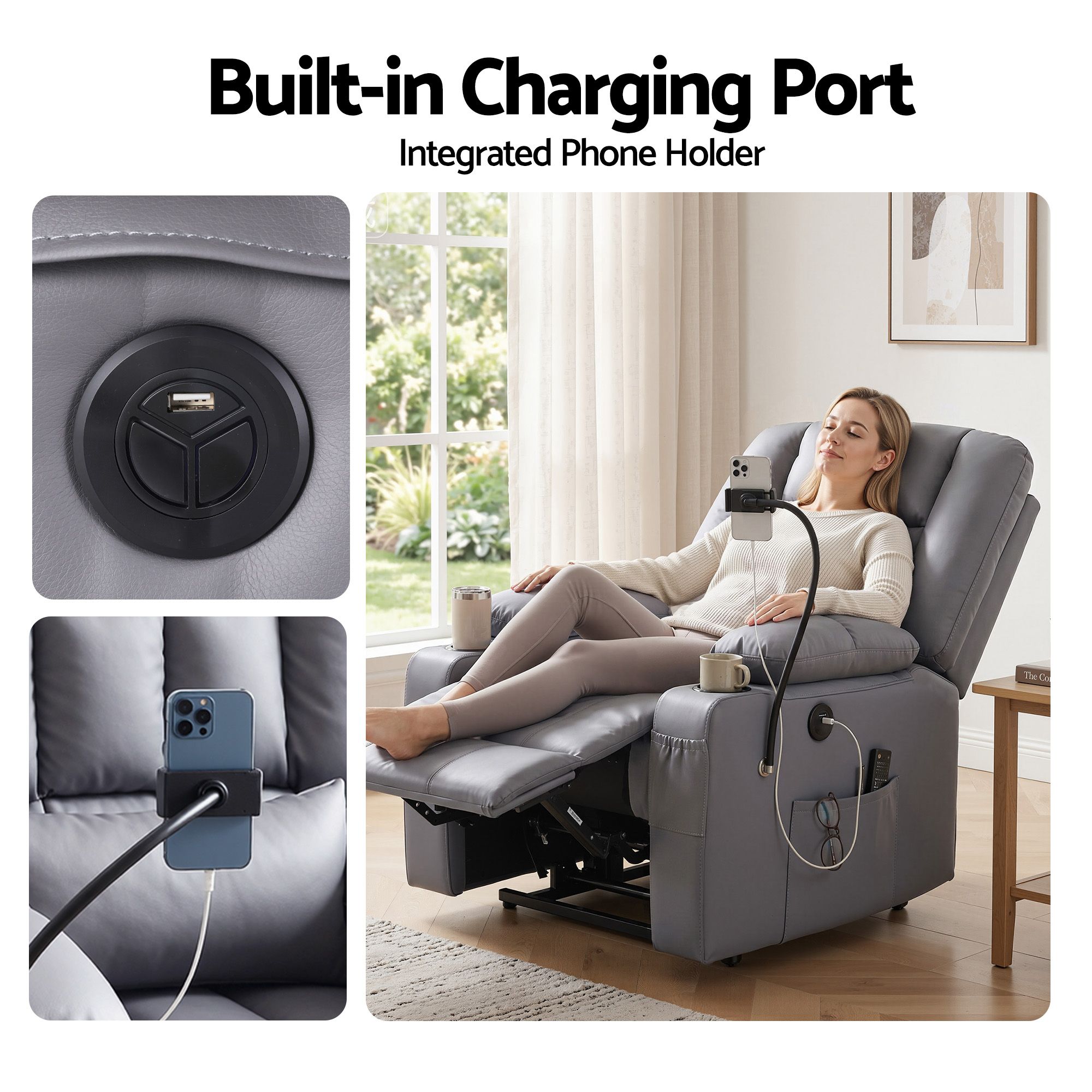 Artiss Power Lift Recliner Chair with Massage and Heat for Elderly, Electric Sofa Reclining Chair with USB and Phone Holder, PU Leather Comfy Armchair for Living Room, 2 Cup Holder & 4 Pockets, Grey - Image 7