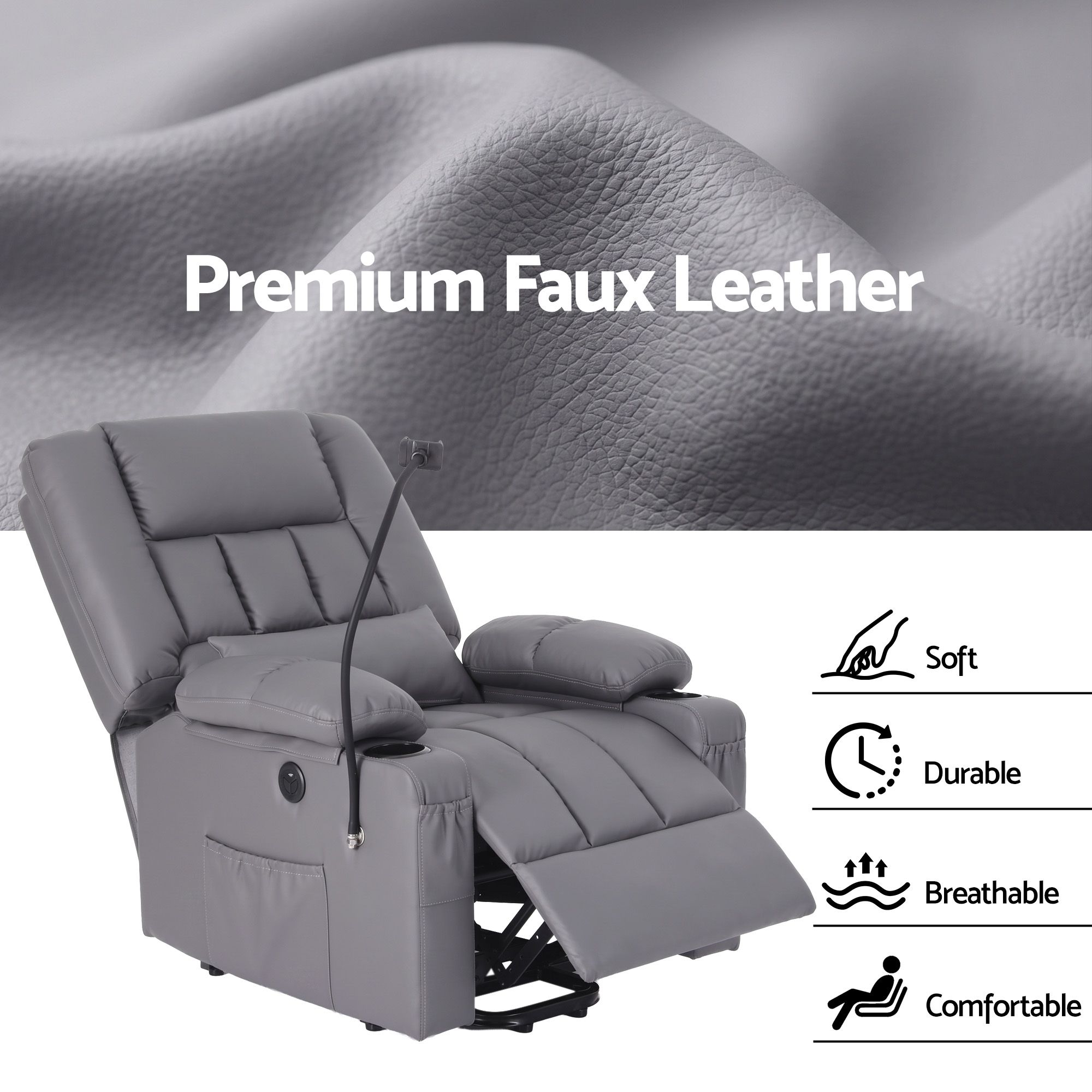 Artiss Power Lift Recliner Chair with Massage and Heat for Elderly, Electric Sofa Reclining Chair with USB and Phone Holder, PU Leather Comfy Armchair for Living Room, 2 Cup Holder & 4 Pockets, Grey - Image 8