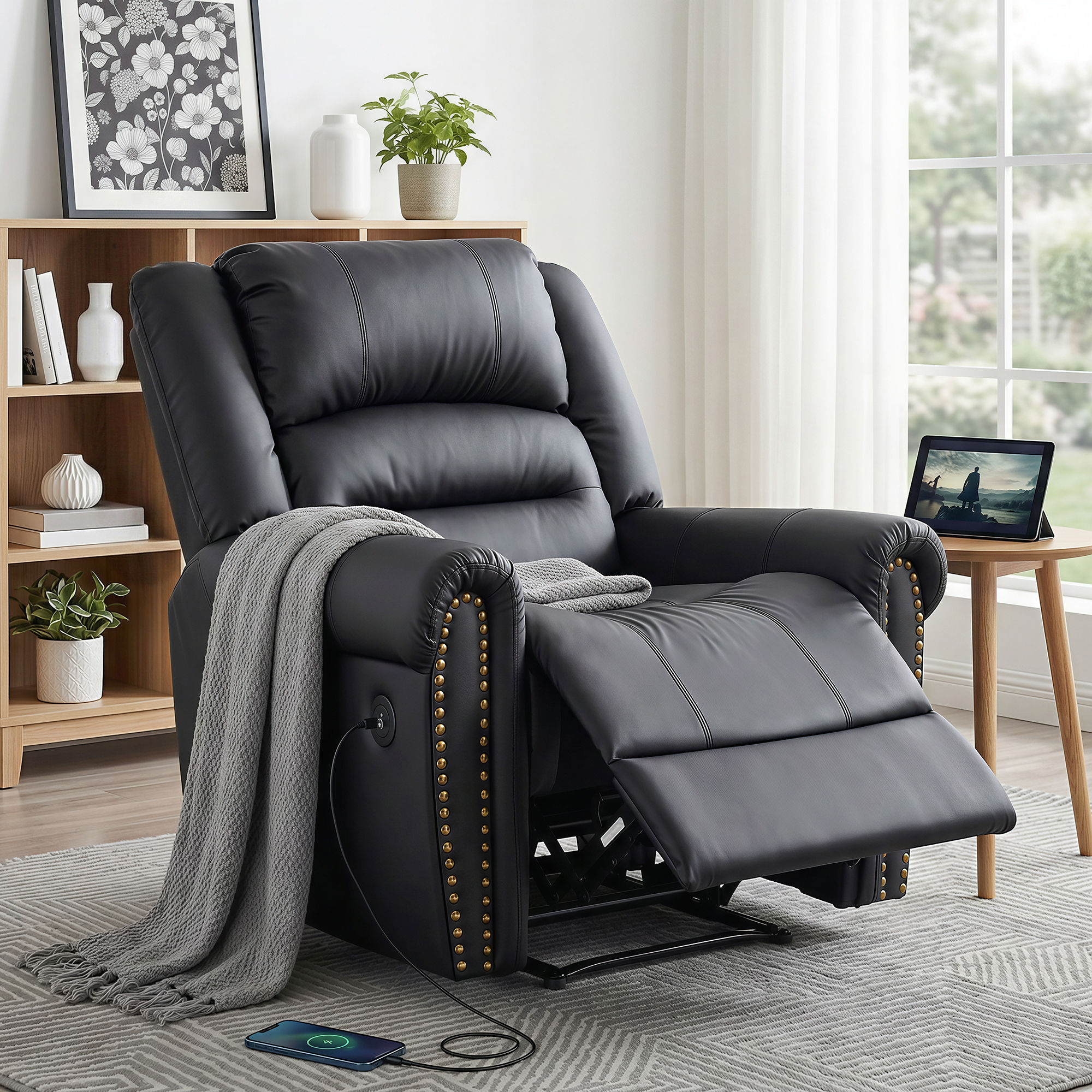 Artiss Leather Manual Recliner Chair with USB Charge Port, Overstuffed Armchair Sofa for Living Room and Nursery, Asjustable Theater Reclining Lounge with Comfortable Wide Seat, 150kg Capacity, Black - Image 1