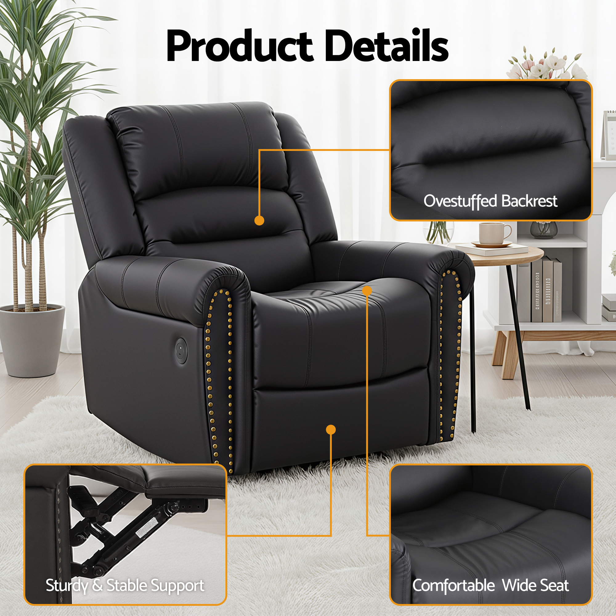 Artiss Leather Manual Recliner Chair with USB Charge Port, Overstuffed Armchair Sofa for Living Room and Nursery, Asjustable Theater Reclining Lounge with Comfortable Wide Seat, 150kg Capacity, Black - Image 7